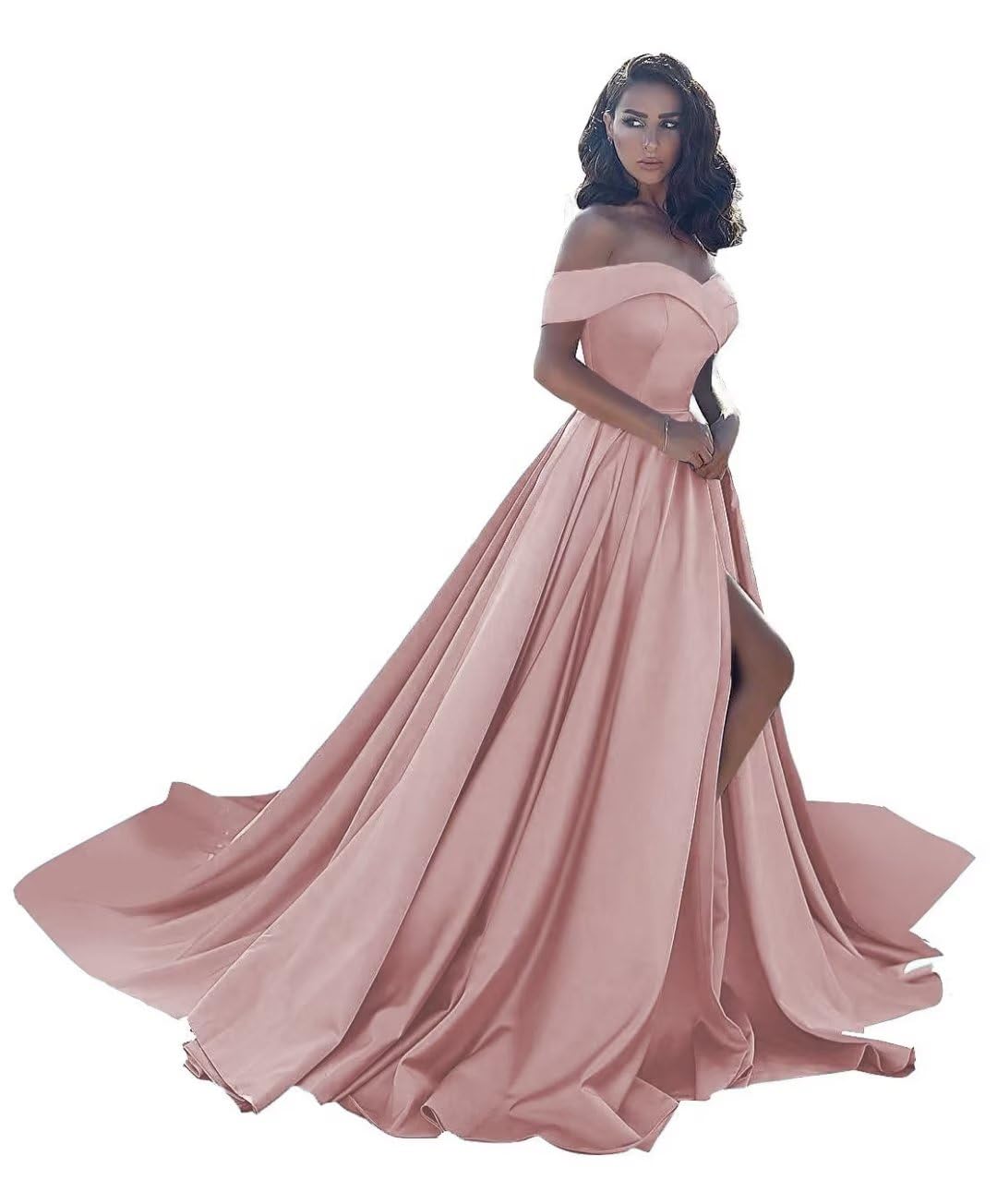 Elegant Off Shoulder Prom Dresses with High Slit - Satin Ball Gown A-Line Formal Evening Gowns for Wedding, Homecoming & Special Occasions