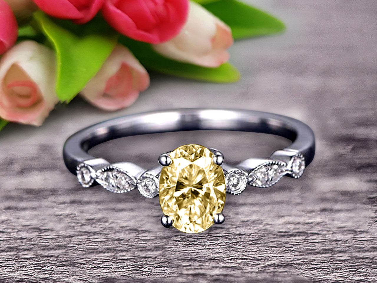 1.25 Carat Oval Champagne Moissanite Engagement Ring in 10k White Gold - Art Deco Style for Weddings & Anniversaries