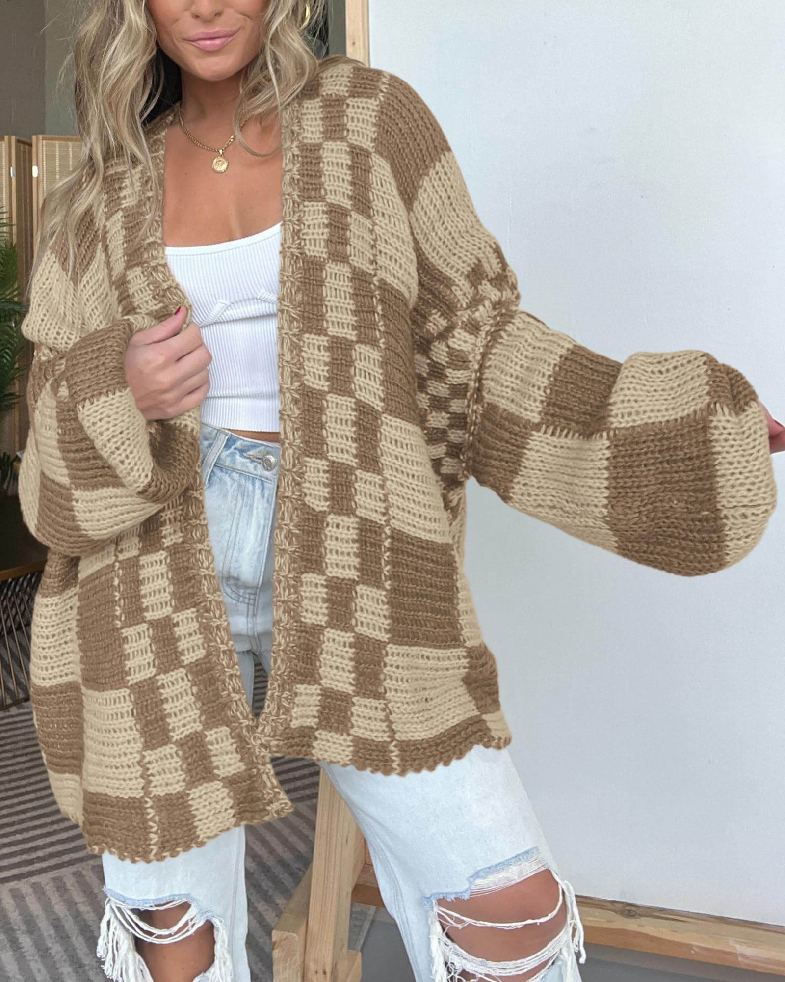 BTFBM Women's Casual Open Front Long Sleeve Chunky Knit Cardigan Sweater - Plaid Pattern Cozy Winter Coat for Office, Lounge & Outdoor Wear
