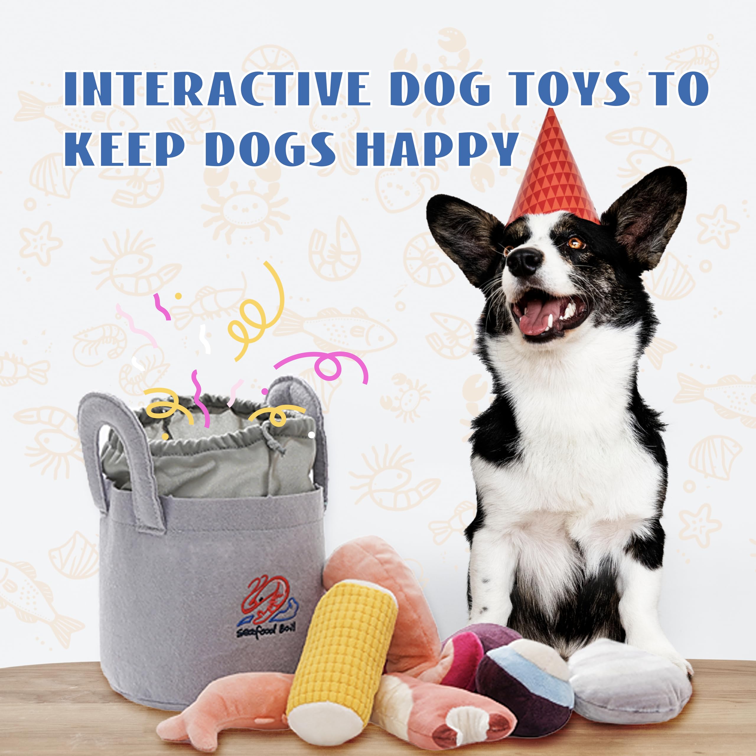 10 PCS Seafood Boil Crinkle Squeaky Dog Toys - Plush Stuffed Puppy Chew Toys for Small & Medium Dogs - Perfect for Boredom Relief, Teething & Interactive Playtime at Home or Outdoors