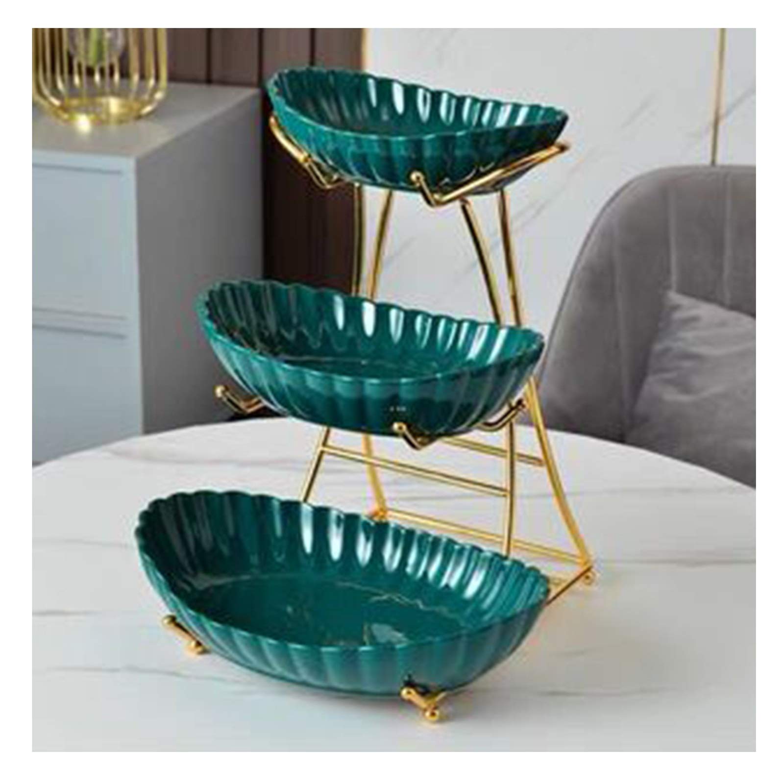 XXIOJUN 2/3 Tier Oval Bowl Set with Metal Bracket - Ceramic Serving Tray for Snacks, Dried Fruits, Desserts, Appetizers & Jewelry Storage (Green, 28x26.5x33.5cm) - Perfect for Parties, Tea Time & Home Decor