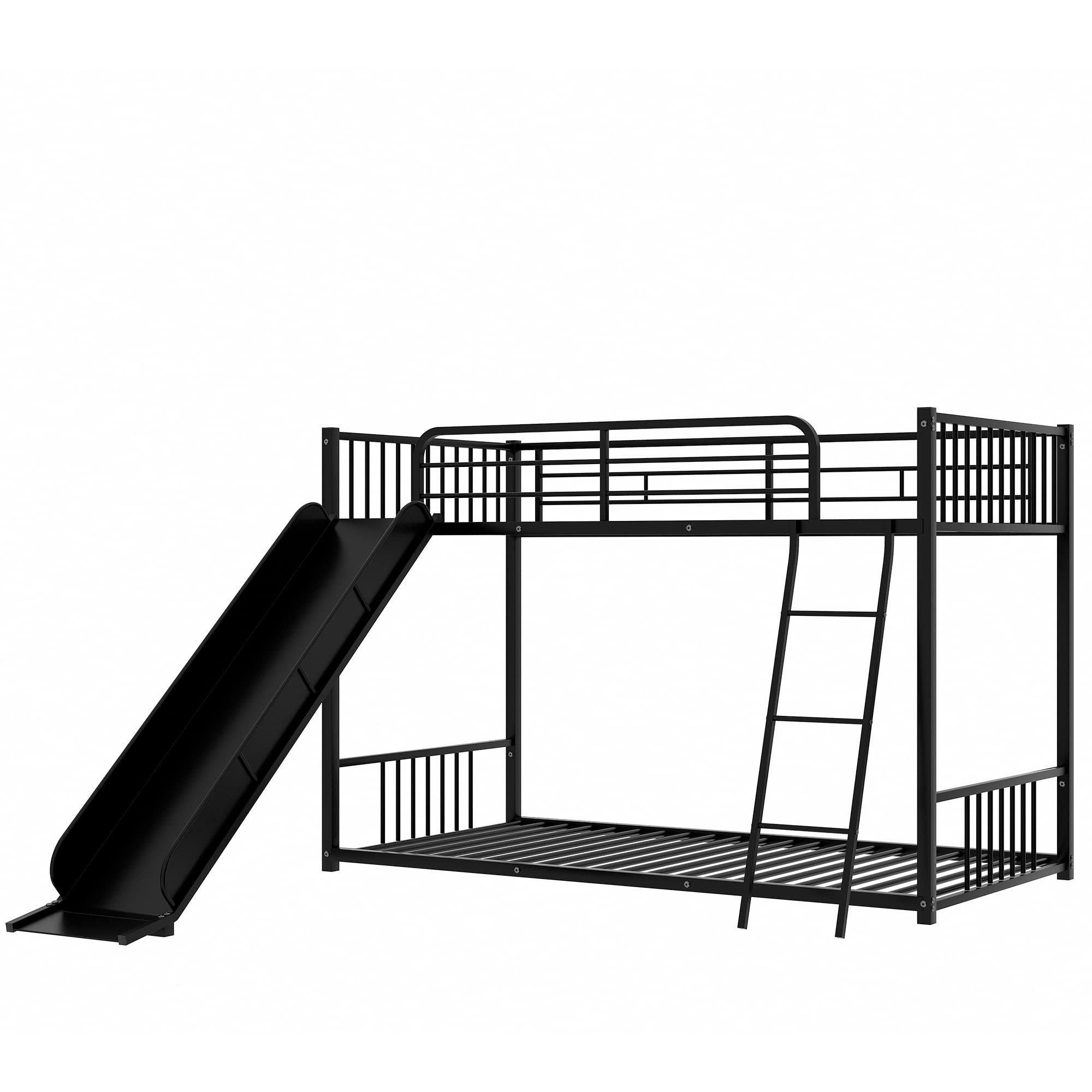 SOFTSEA Black Metal Bunk Bed with Slide - Heavy Duty Low Loft Bed for Kids & Teens - Perfect for Small Bedrooms, Dorms, and Playrooms