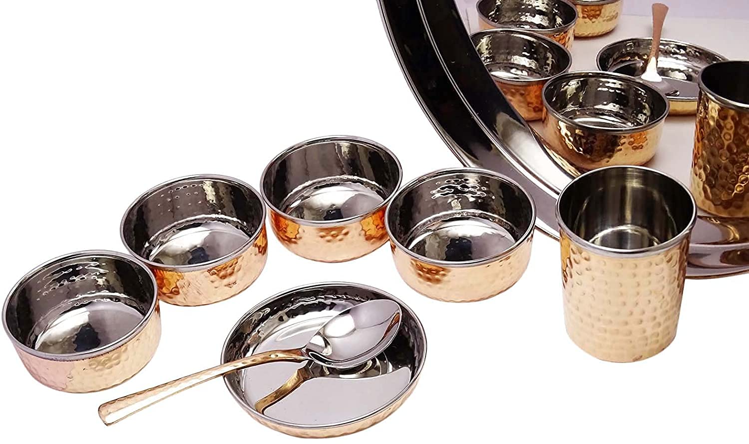 Traditional Indian Stainless Steel & Copper Hammered Thali Set - Includes Plates, Bowls, Glass & Spoon - Elegant Home & Kitchen Serving Tableware for Festivals, Weddings & Daily Dining