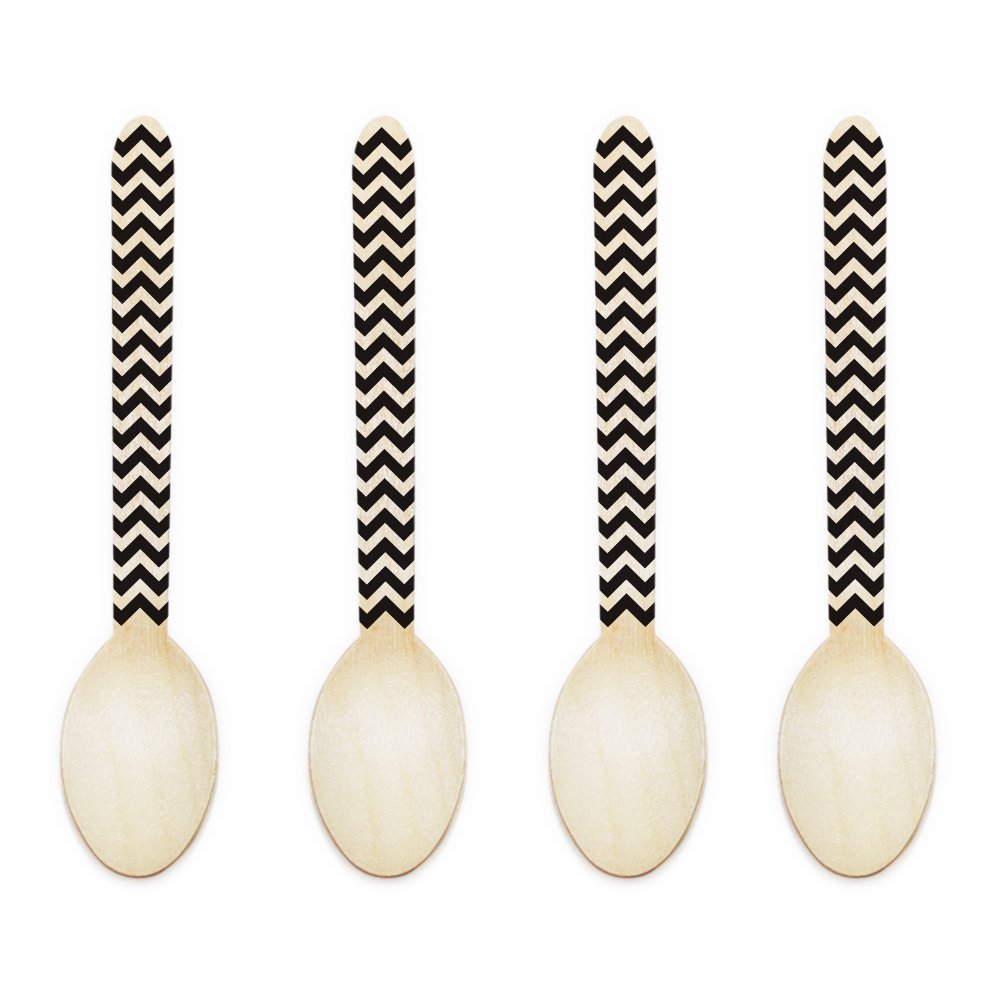 6.5-Inch Natural Wood Dessert Spoons with Black Chevron Design - Pack of 50 for Cupcake Decorating, Party Favors & Wedding Dessert Tables