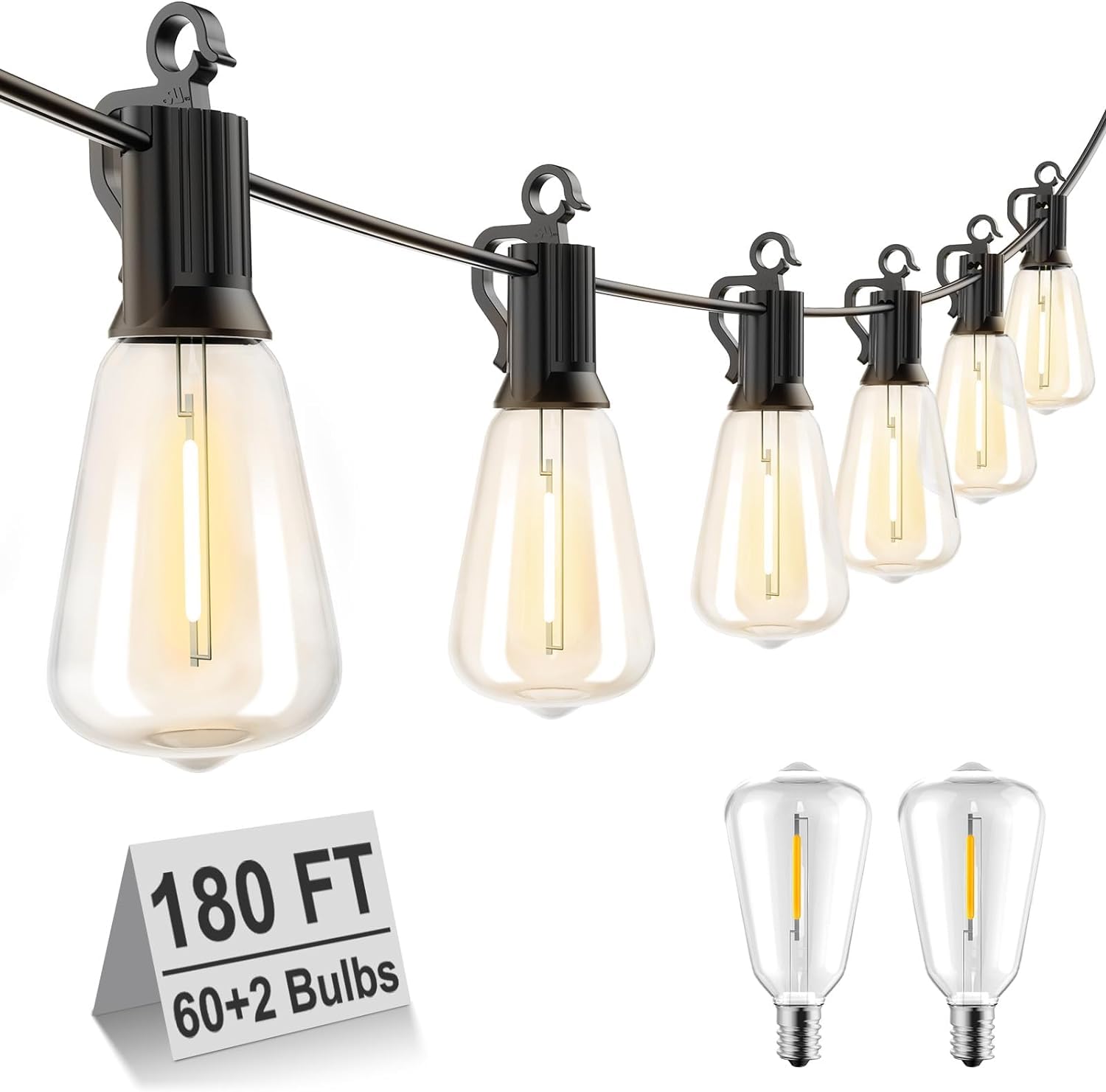 Brightown 180FT Outdoor String Lights with 62 Shatterproof Vintage Edison Bulbs - Waterproof Patio Lights for Backyard, Deck, Garden, Party & Christmas Decor (2700K Warm White) - Perfect for Weddings, BBQs, and Cozy Evenings