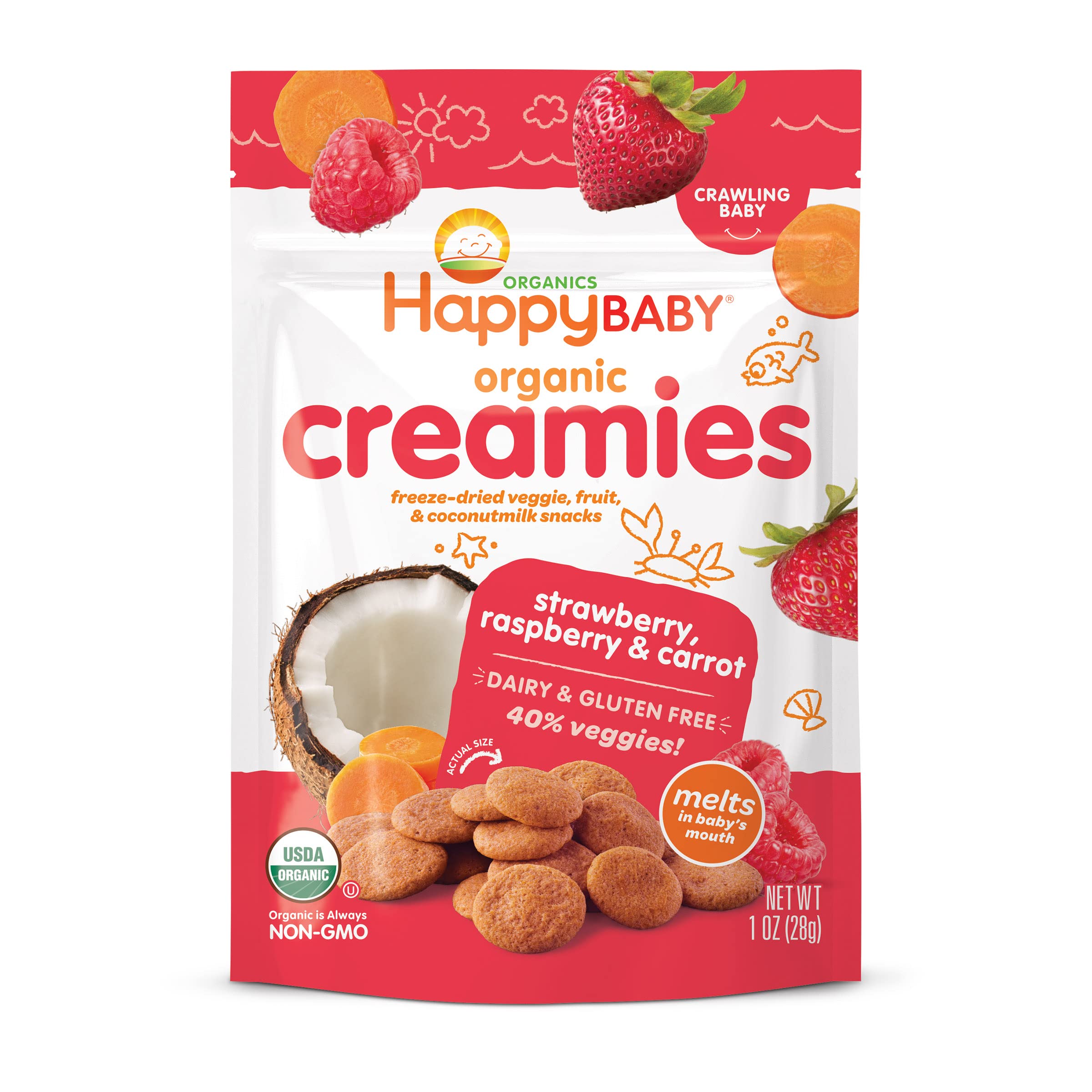 Happy Baby Organics Creamies Freeze-Dried Veggie & Fruit Snacks with Coconut Milk - Strawberry Raspberry & Carrot - 1 Ounce (Pack of 1) - Healthy Baby & Toddler Snacks for On-the-Go, Travel & Daycare