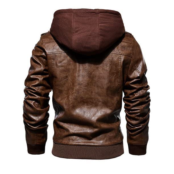 Men's Brown Genuine Leather Motorcycle Jacket with Detachable Hood - Windproof Biker Jacket for Riding, Outdoor Adventures & Casual Wear