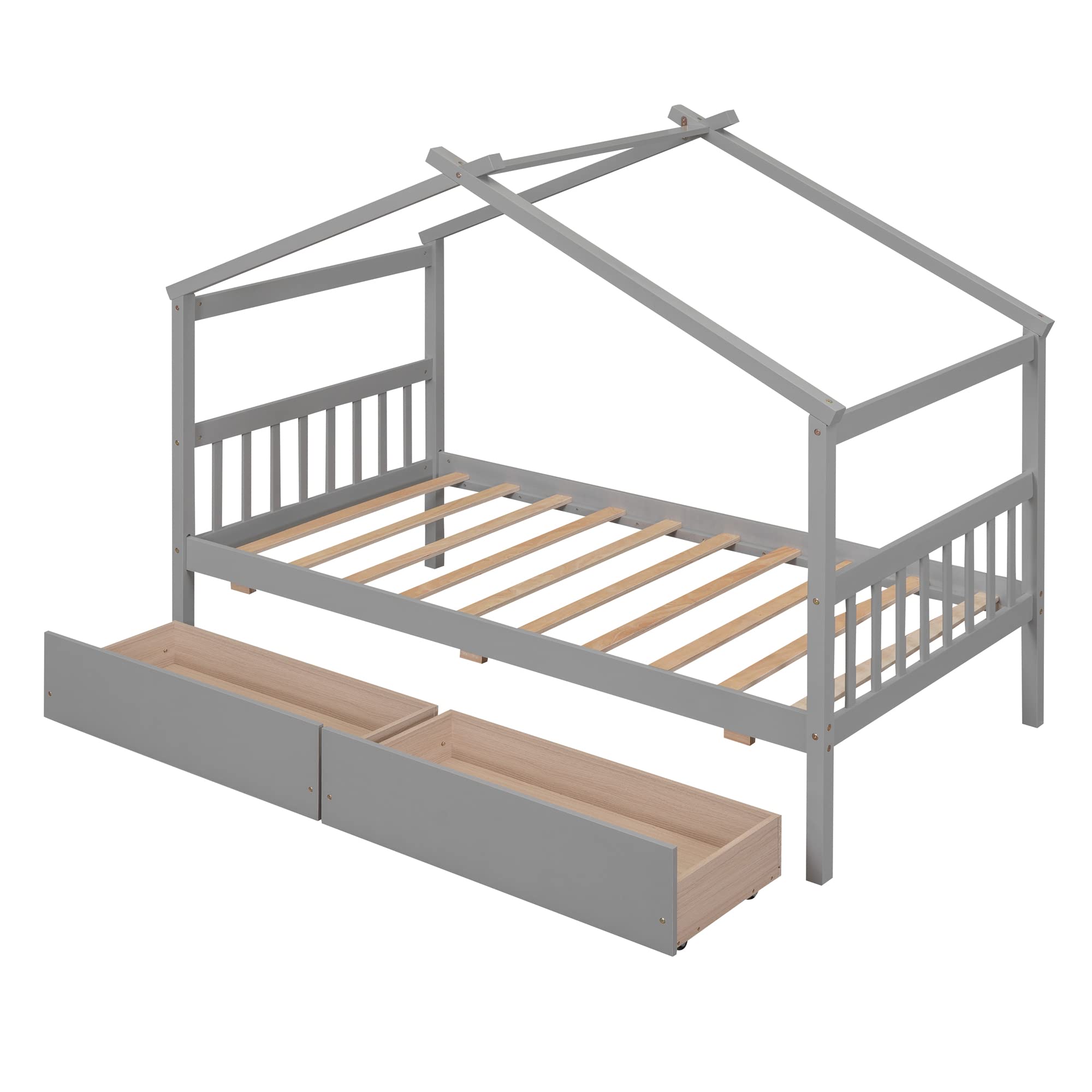 Harper & Bright Designs Twin Size Wooden House Bed for Kids with Storage Drawers - Sturdy Kids Bed Frame with Roof Design for Boys & Girls, Grey - Perfect for Bedrooms, Playrooms & Kids' Sleepovers