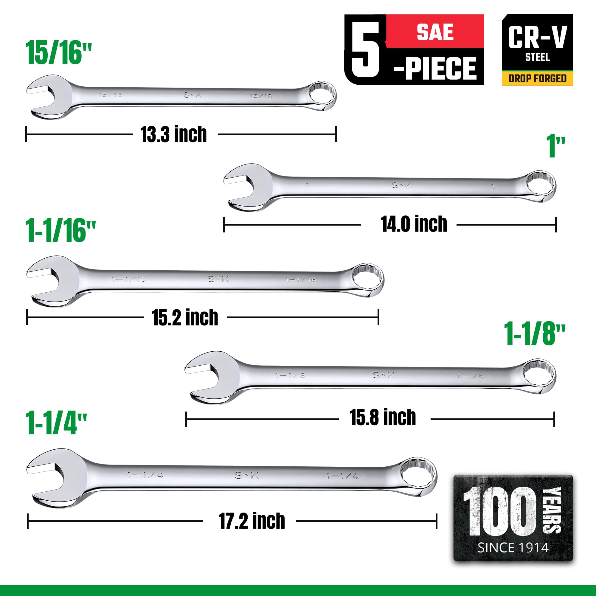 SK Long Pattern Combination Wrench Set - SAE 15/16