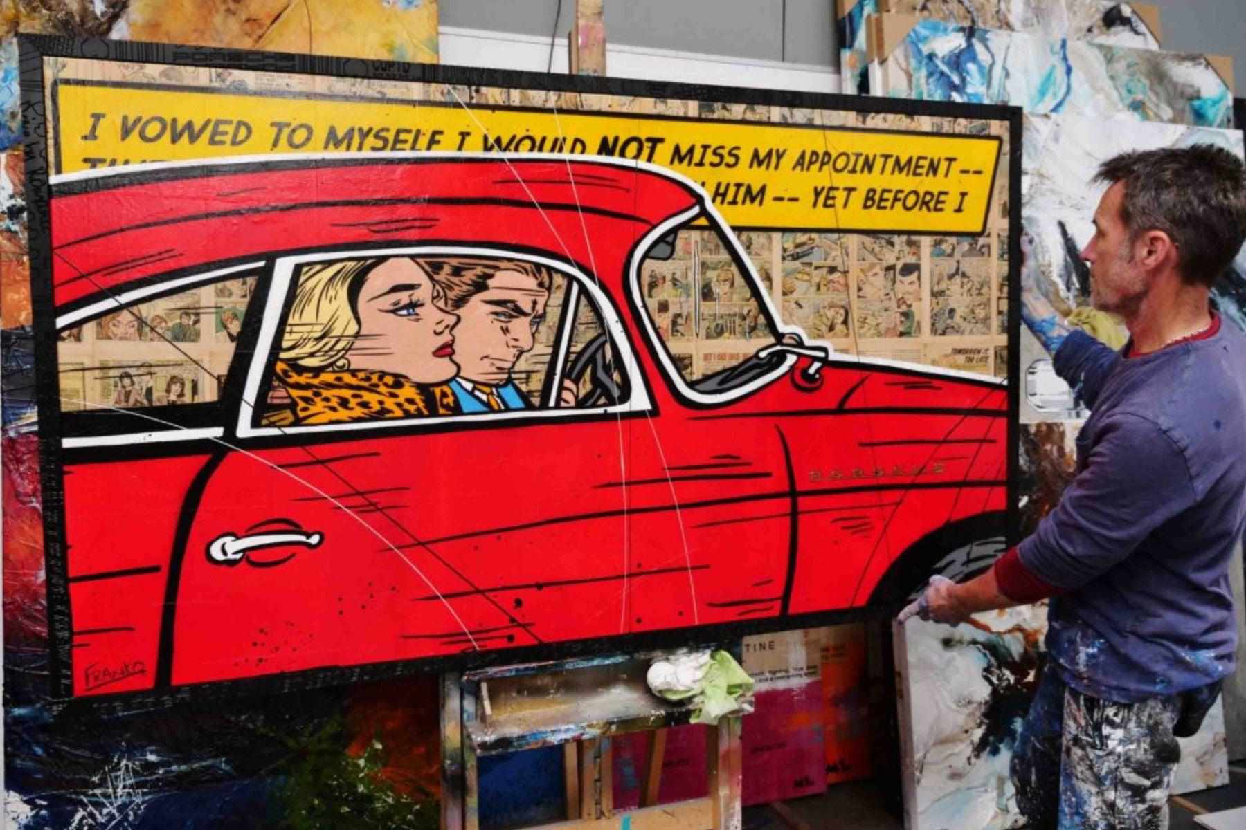 Porsche Comic Book Pages Urban Pop Art Painting - 180cm x 100cm Custom Etched Frame Wall Decor for Living Room, Office & Man Cave | Drive By Romance Collection