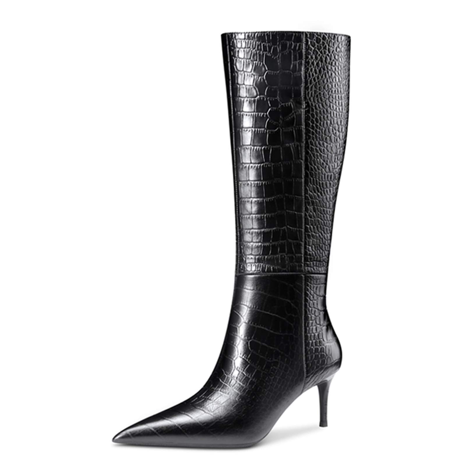 Women's Pointed Toe High Heel Knee High Boots - Stretchy Wide Calf Mid Heel Long Boots for Work, Party & Night Out - Fashionable Winter & Fall Boots for Women