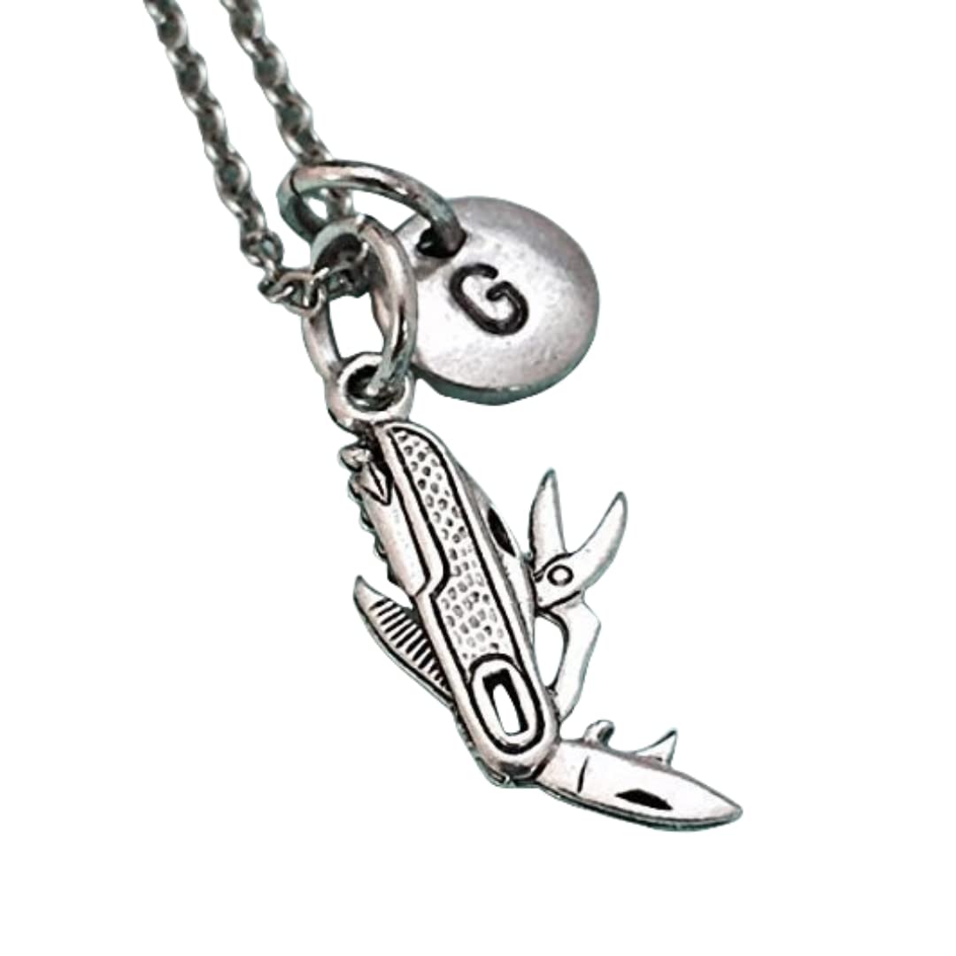 Swiss Army Knife Necklace - Personalized Initial Charm with Monogram for Boyscout & Outdoor Enthusiasts | Perfect for Camping, Hiking & Adventure Gifts