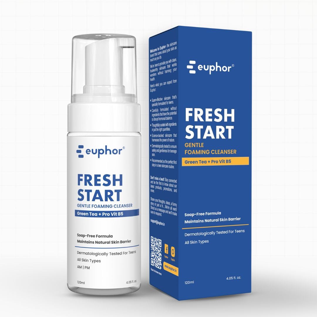 Euphor Teens Gentle Foaming Face Wash for Age 12+ - Green Tea, Aloe Vera & Vitamin B3 Cleanser for Dry, Oily & Combination Skin | Soap-Free, Sulfate-Free Formula | 120ml | Perfect for Morning & Night Skincare Routine | Men & Women