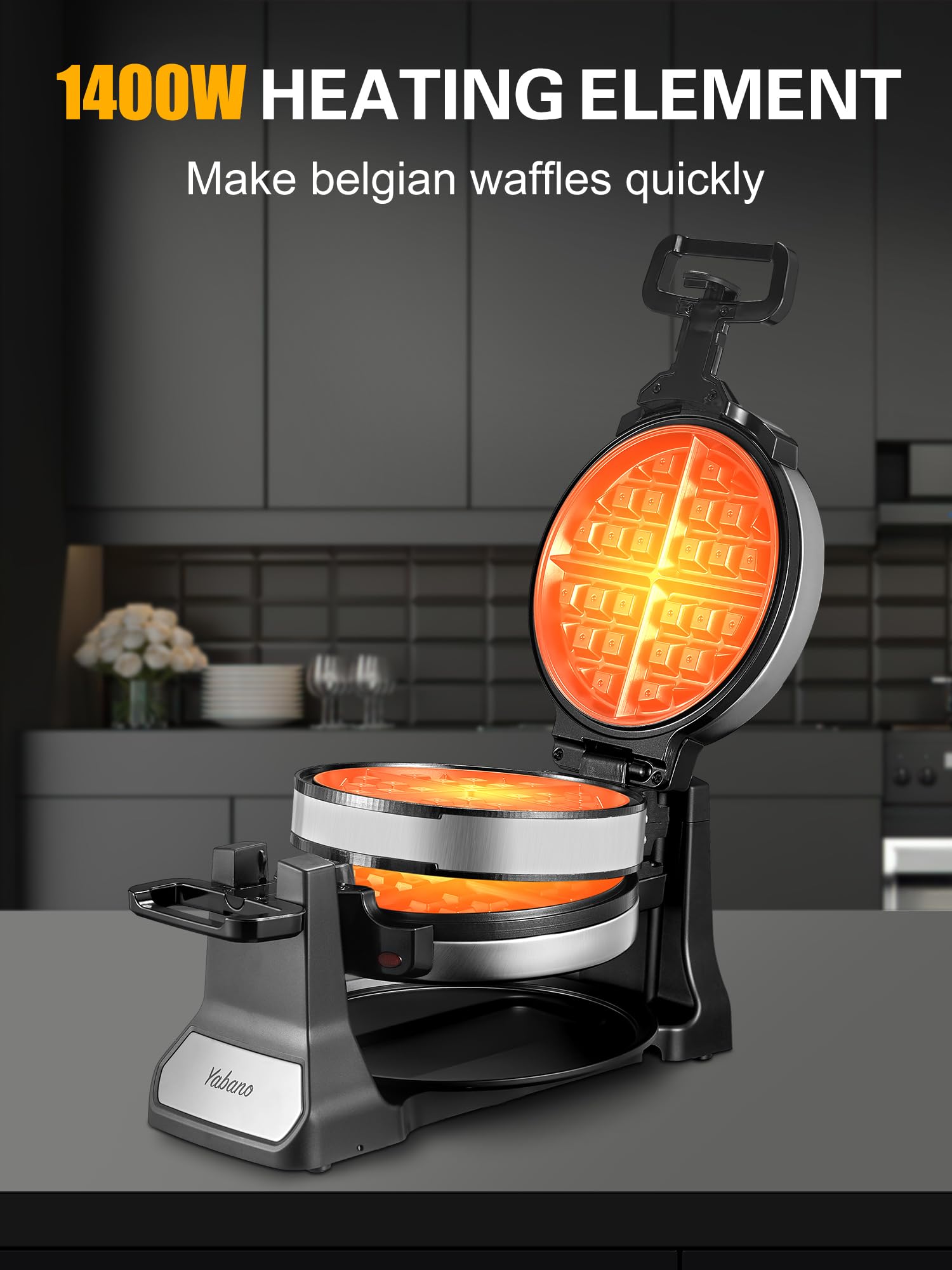 Yabano Belgian Waffle Maker - Professional Rotating Waffle Iron with Nonstick Plates, Removable Drip Tray & Cool-Touch Handles - Perfect for Breakfast, Brunch & Family Gatherings - Stainless Steel Double Flip Waffle Machine for Homemade Belgian Waffles