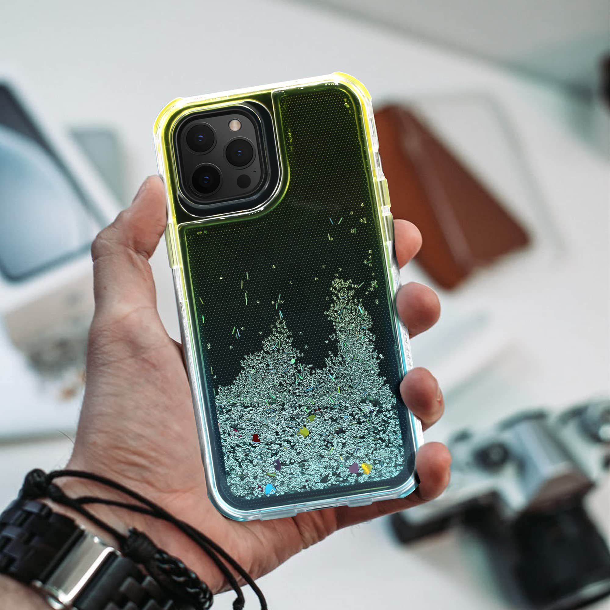 Shockproof Glitter Phone Case for iPhone 12 Pro Max - Cute 2-Tone Moving Sand Design, Anti-Scratch Full Body Protection (Gold & Sky Blue) | Perfect for Everyday Use, Travel & Gift Giving