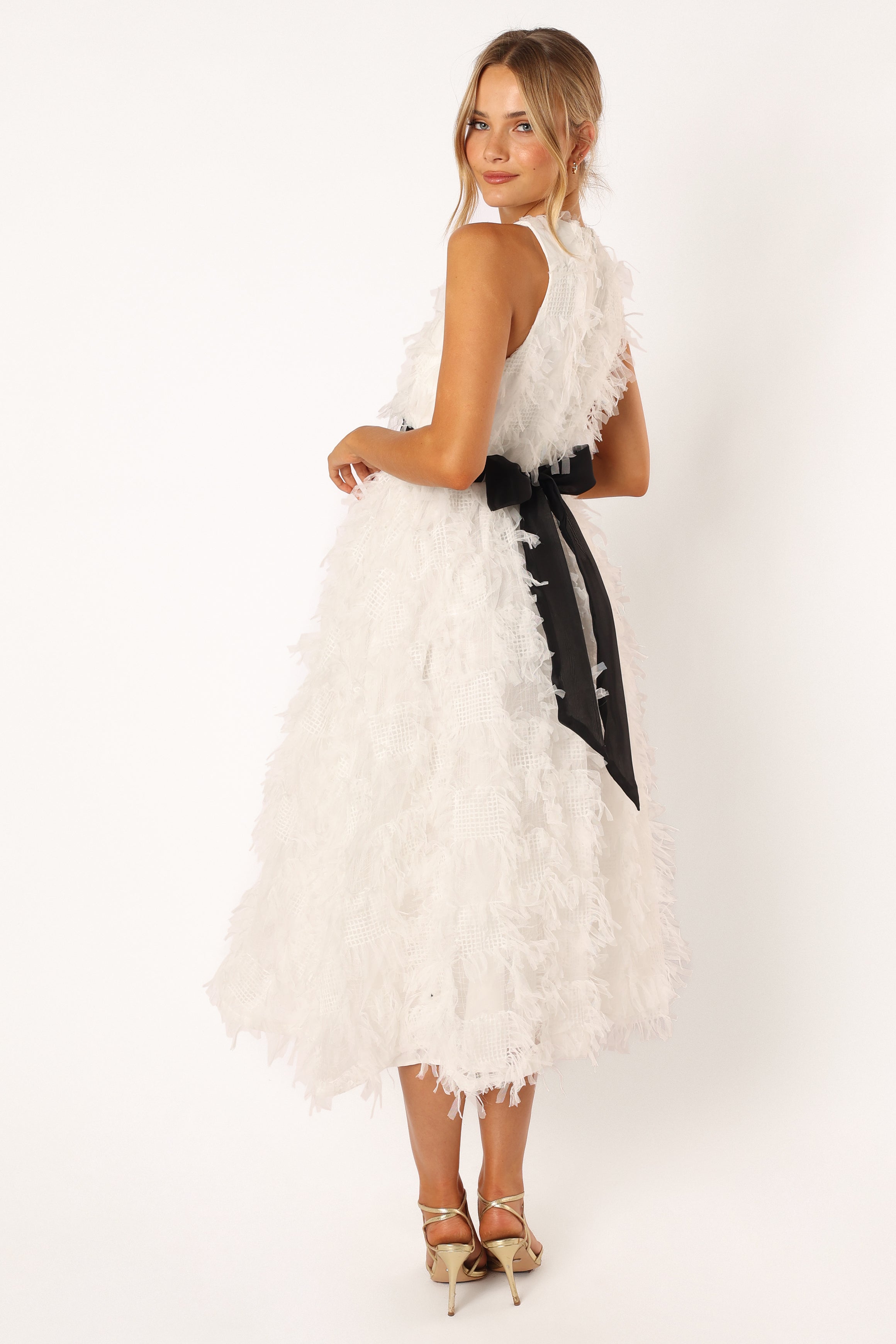 Florence Feathered Midi Dress for Women - Elegant White Party Dress with Feather Trim, Perfect for Weddings, Cocktail Parties & Special Occasions