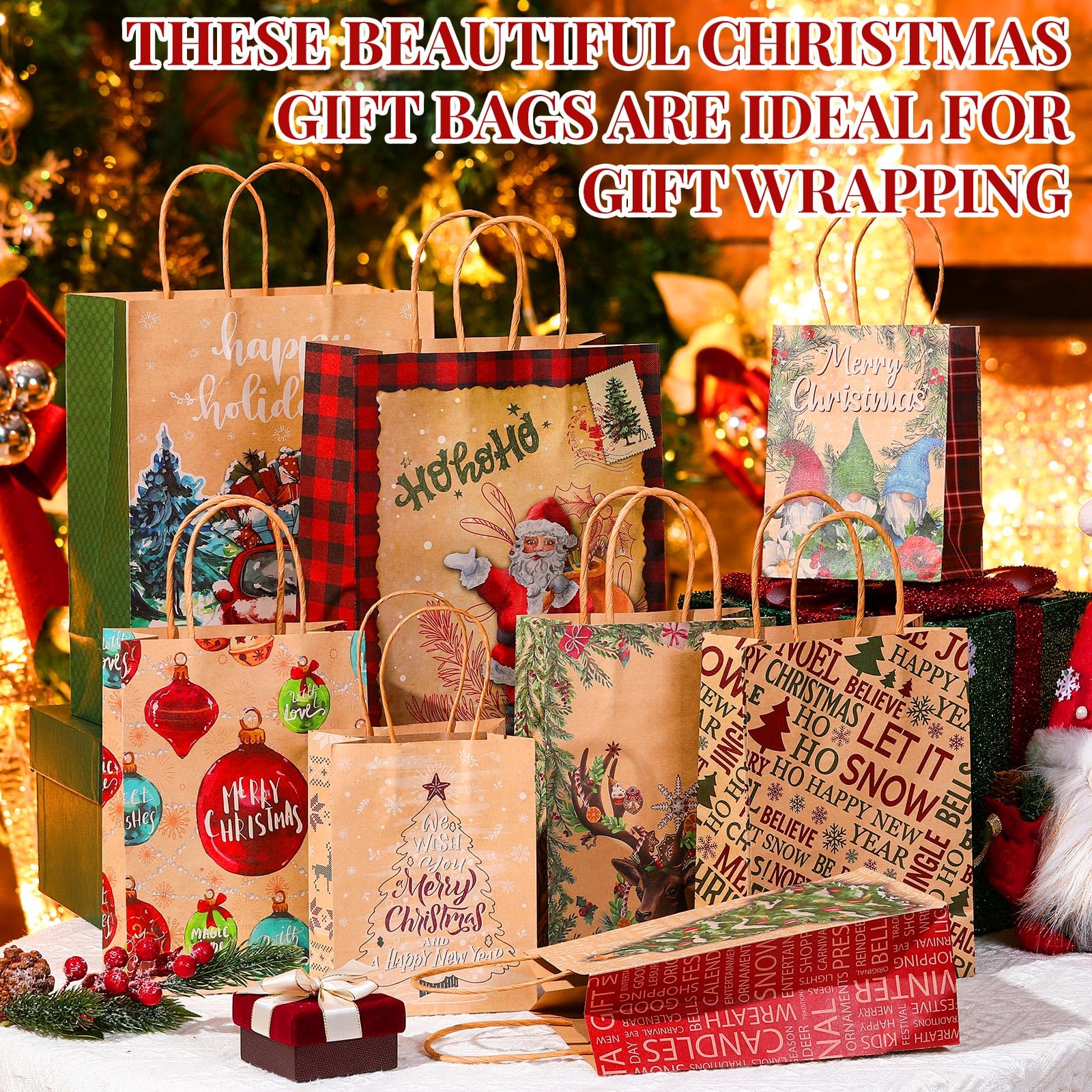 Cholemy 40-Pack Reusable Christmas Gift Bags with Tissue Paper - Holiday Party Favors