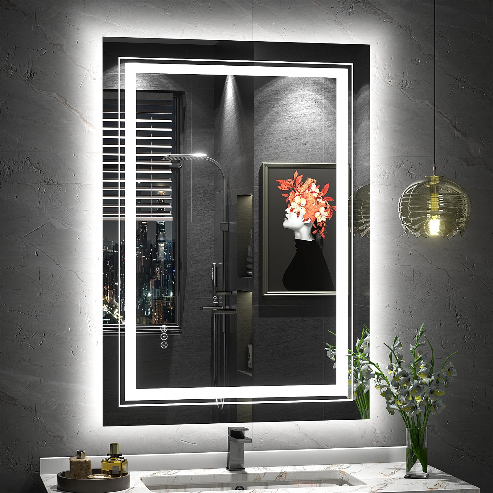 24x32 Inch LED Bathroom Mirror with Front & Back Lighting - Dimmable Anti-Fog Vanity Mirror with Memory Function, Shatterproof Design (Horizontal/Vertical Mounting) - Perfect for Modern Bathrooms, Makeup Application and Home Decor