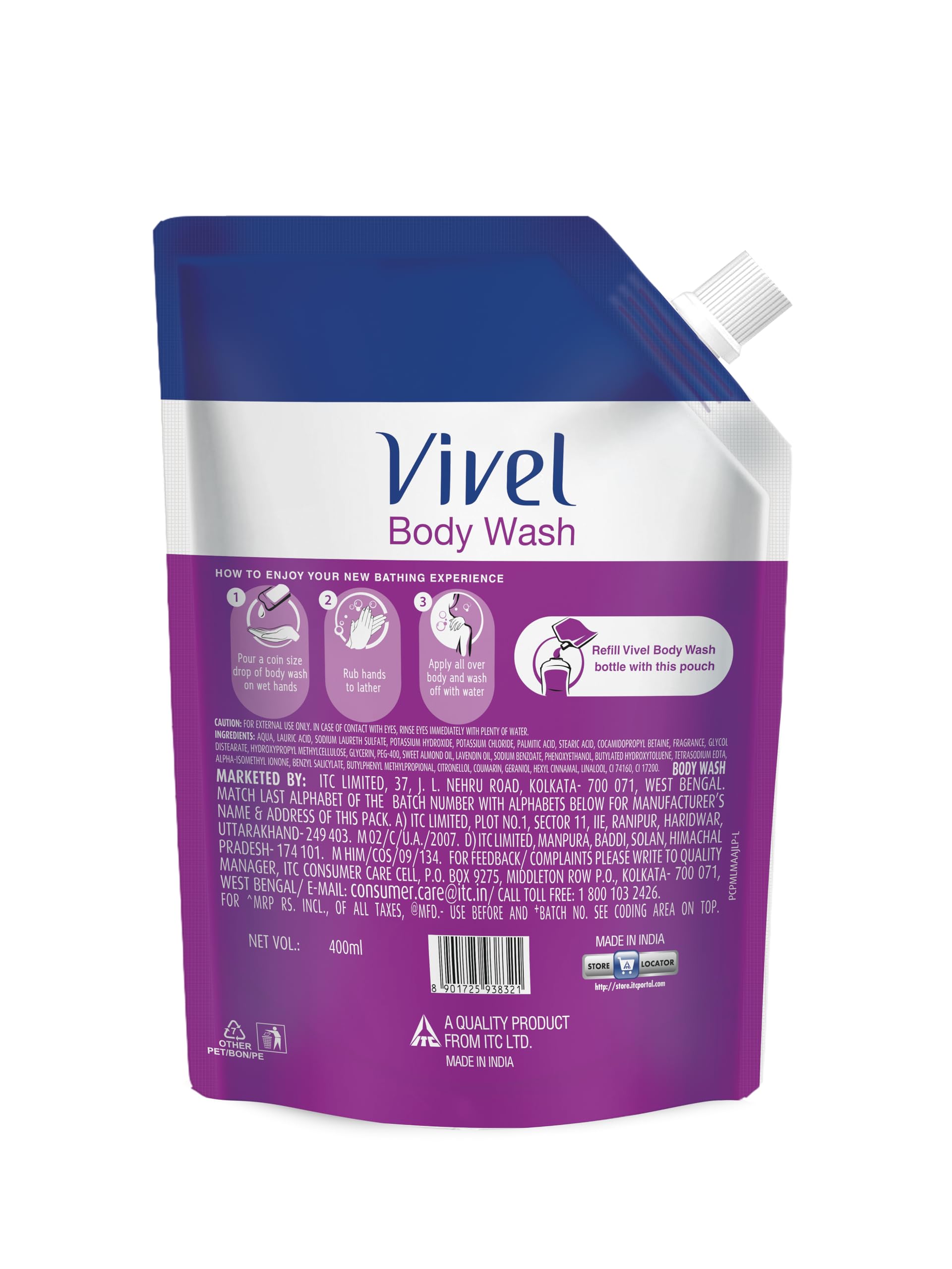Vivel Exfoliating Body Wash with Lavender & Almond Oil - 400ml Hydrating Shower Gel for Glowing Skin - All Skin Types - Refill Pouch (Pack of 3) | Perfect for Daily Skincare Routine & Spa-Like Relaxation at Home