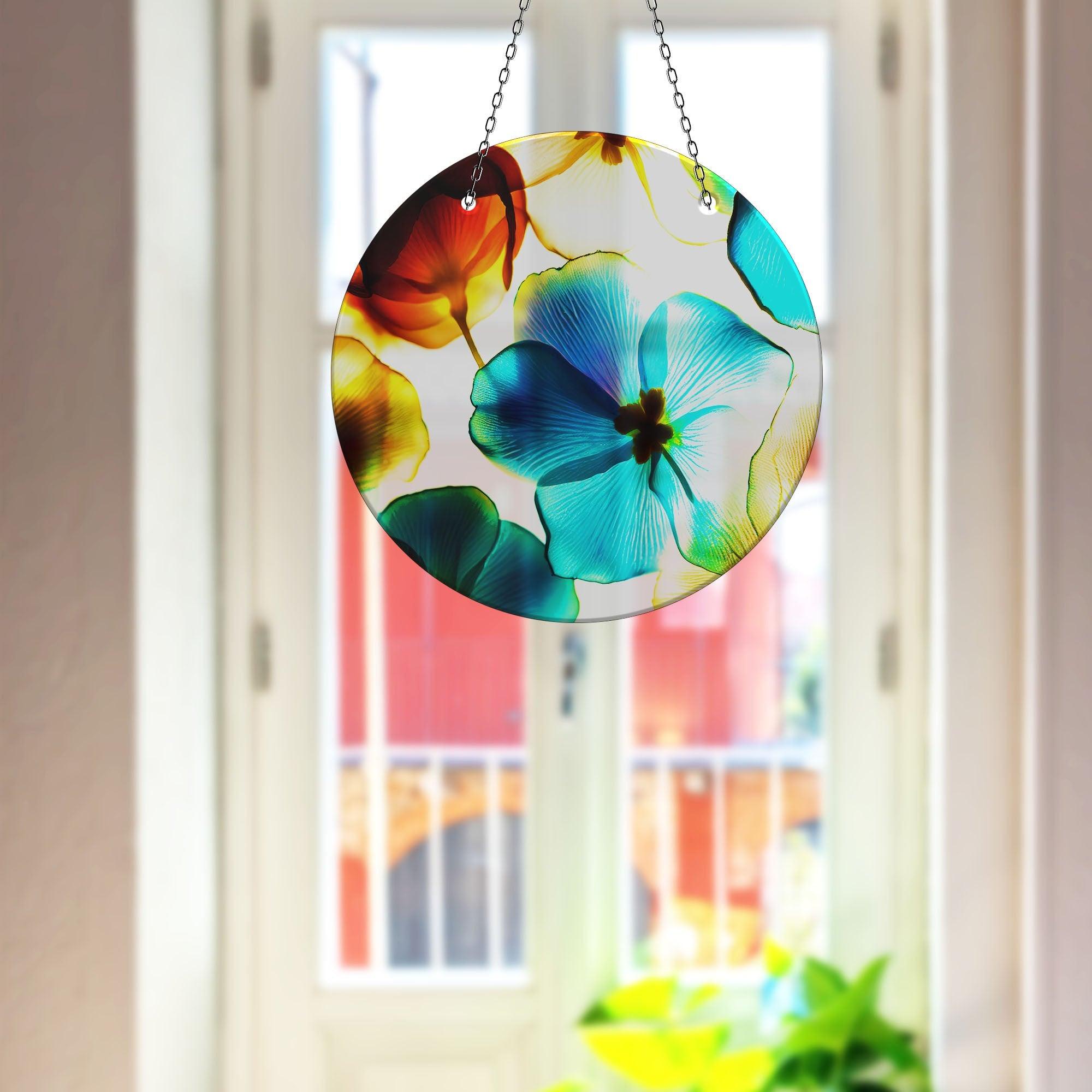 Vibrant Blue & Orange Flower Suncatcher - Handmade Stained Glass Window Decor for Home, Office & Garden - Perfect for Living Room, Bedroom & Outdoor Spaces