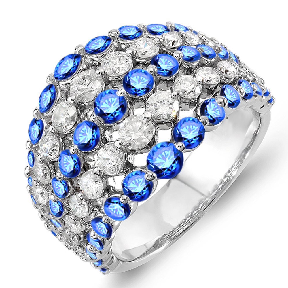 Dazzlingrock 14K Solid White Gold Round Blue Sapphire & White Diamond Women's Cocktail Ring - Elegant Right Hand Ring for Parties, Weddings & Special Occasions