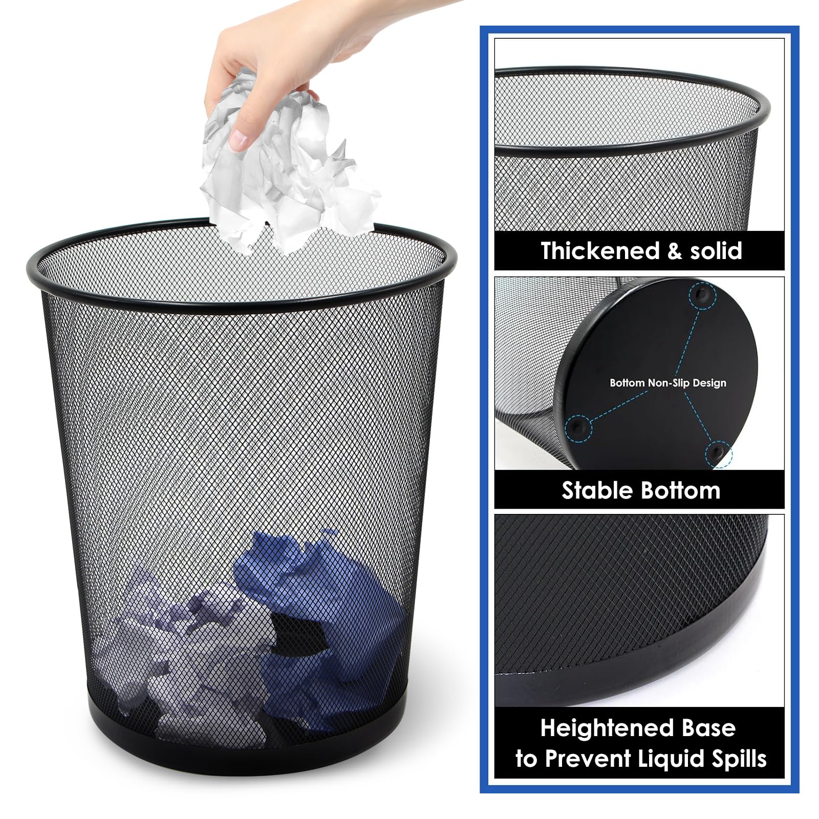 10-Pack 6 Gallon Black Mesh Trash Cans - Open Metal Wire Waste Baskets for Office, Home & School - Ideal for Desk-Side Recycling & Garbage Disposal - Durable Waste Containers for Paper, Plastic & General Trash