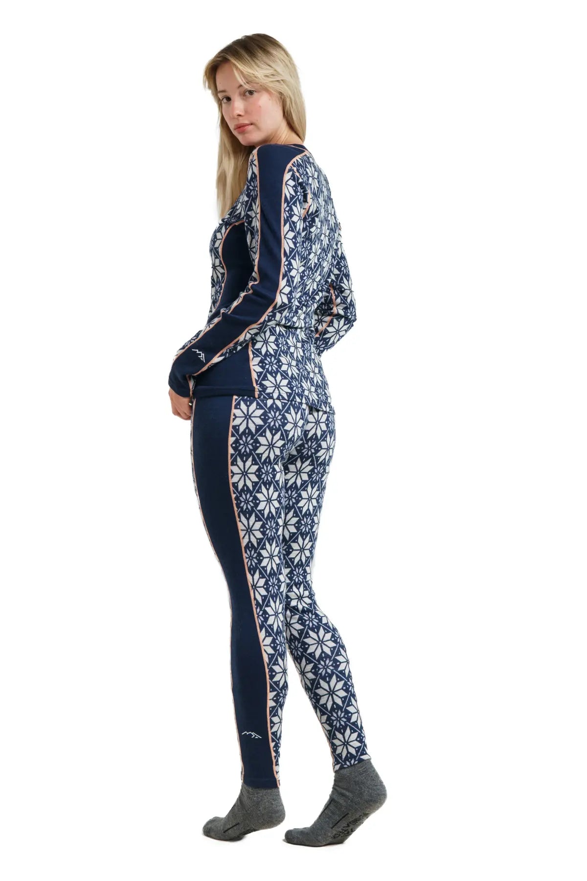 Women's Merino Wool Thermal Underwear Set 250g - Snowflake Navy Pattern - Base Layer for Winter, Skiing & Outdoor Activities