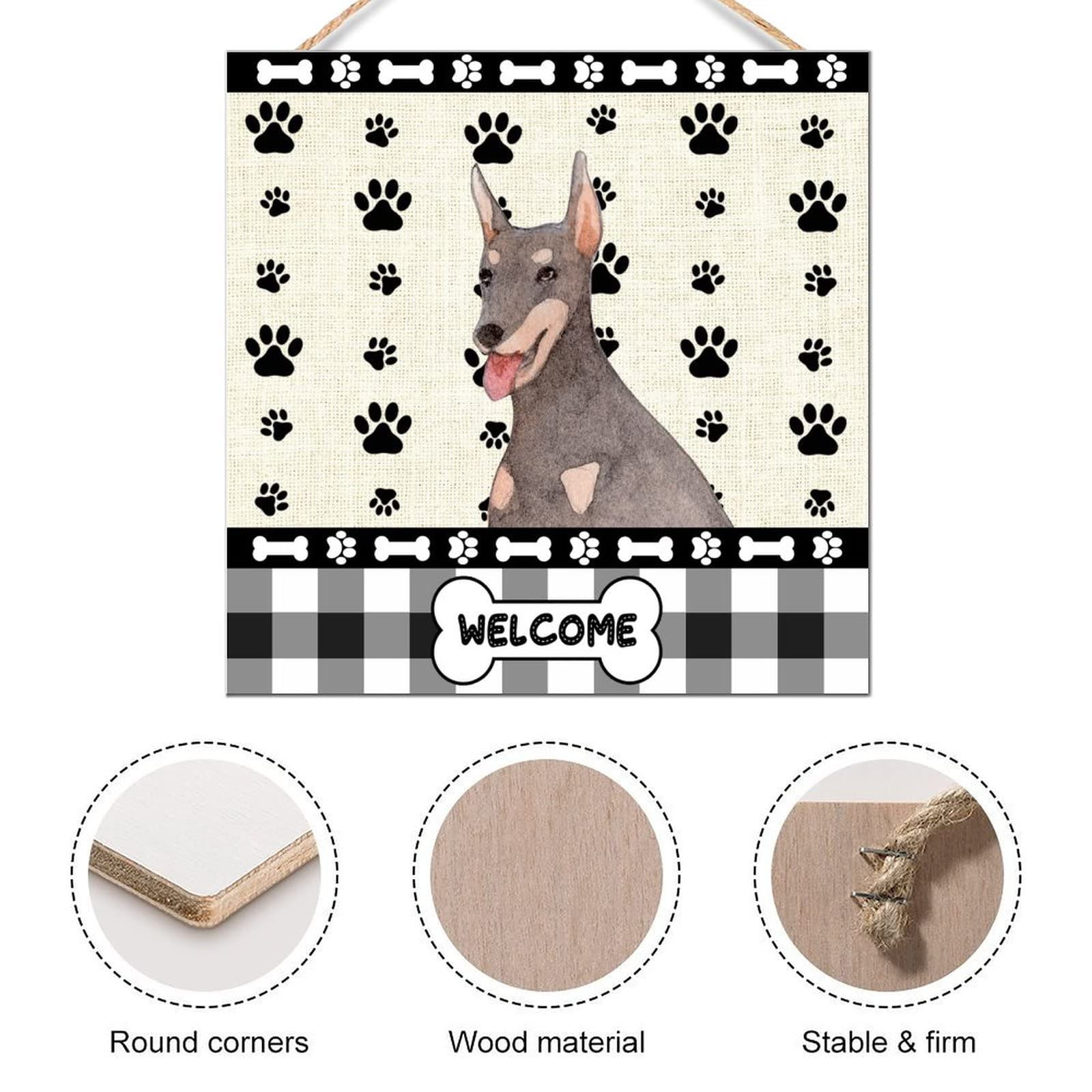 8x8 Inch Rustic Wooden Welcome Sign with Doberman Dog Paw Design - Farmhouse Wall Art Plaque for Door, Kitchen, Dining Room - Handcrafted Home Decor for Pet Lovers & Country Style Interiors (Perfect for Housewarming Gifts & Farmhouse Themed Spaces)