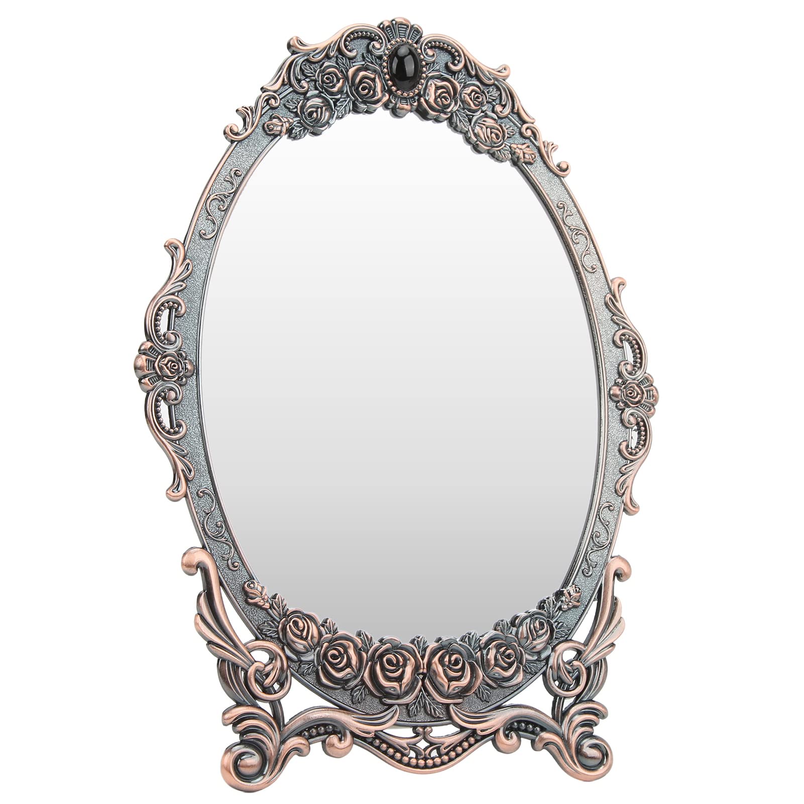 Vintage Copper Oval Beaded Edge Desktop Makeup Mirror with Stand - Elegant Vanity Mirror for Dressing Table, Perfect Gift for Women, Home Decor & Beauty Essentials (Retro Style Cosmetic Mirror) - Ideal for Bedroom Vanity, Bathroom, Makeup Application & Travel