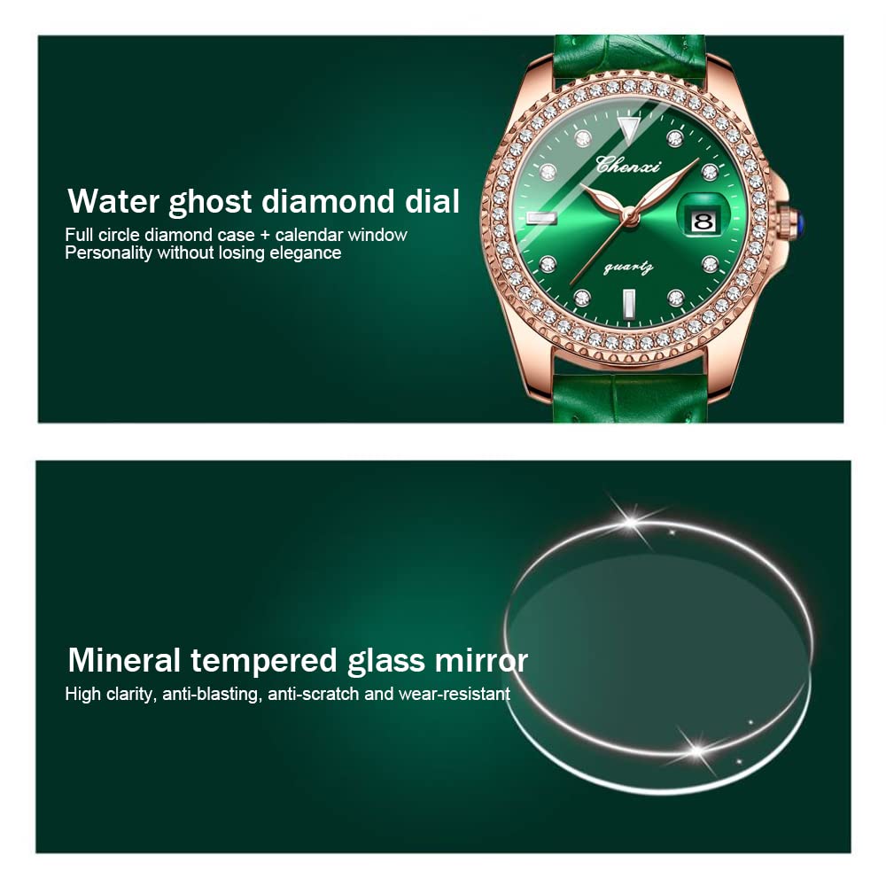 Luxury Green Iced Out Women's Watch - Quartz Movement, Crystal Rhinestone Diamond, Leather Strap | Elegant Wristwatch for Women | Perfect for Parties, Weddings & Special Occasions