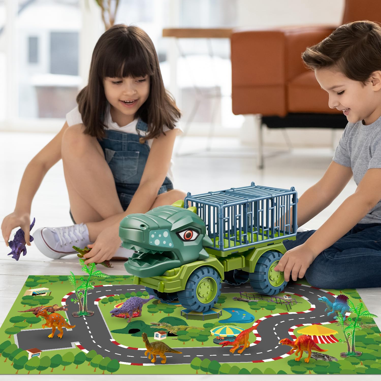 Dinosaur Truck Toy Set with 8 Tyrannosaurus Figures - Transport Carrier Vehicle for Kids Ages 3-10 | STEM Learning Toy for Boys & Girls | Birthday Gift Idea for Preschool & Elementary School Children | Perfect for Imaginative Play, Classroom Rewards & Dinosaur-Themed Parties