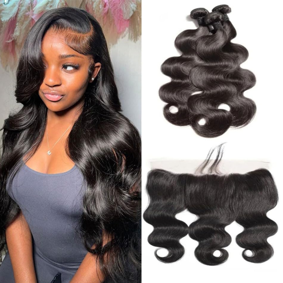 100% Virgin Human Hair Extensions - Body Wave 3 Bundles with 13x4 Lace Frontal | Unprocessed Natural Black Hair | 10 12 14 Inch Lengths with 10 Inch Frontal | Perfect for Daily Styling, Special Occasions & Salon Looks