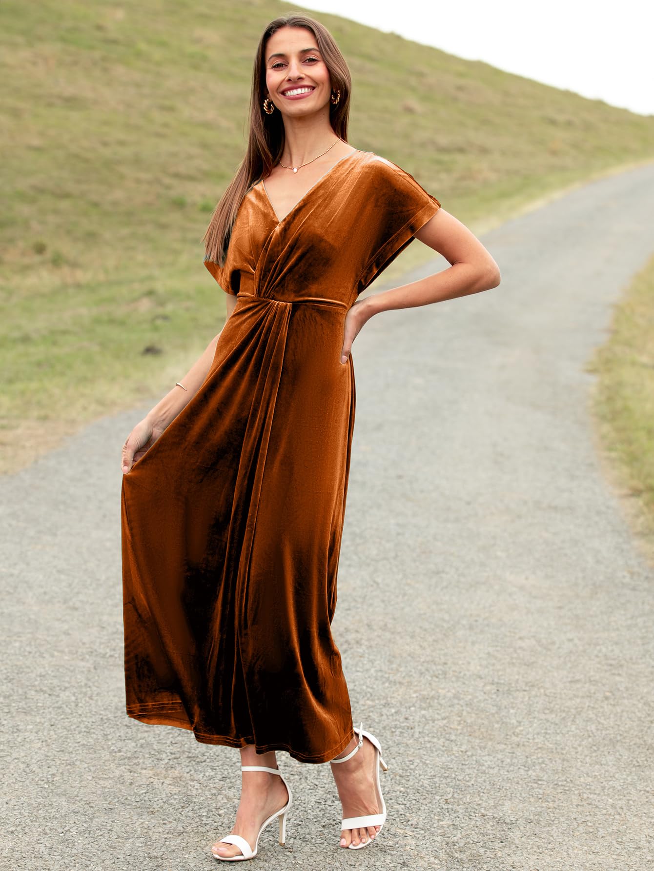 Simplee Women's Velvet Maxi Dress - Short Sleeve V-Neck Formal Gown for Wedding Guest, Prom, Cocktail Party & Special Occasions | Elegant Bodycon Long Dress with Twiss Front Detail for Fall & Winter Events