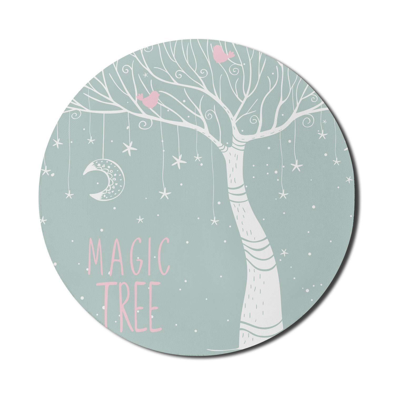 Ambesonne Round Non-Slip Gaming Mouse Pad - 8 Inch Thick Rubber Computer Mousepad with Magic Plant, Stars & Moon Design in Almond Green & White | Perfect for Office, Gaming & Home Workspace