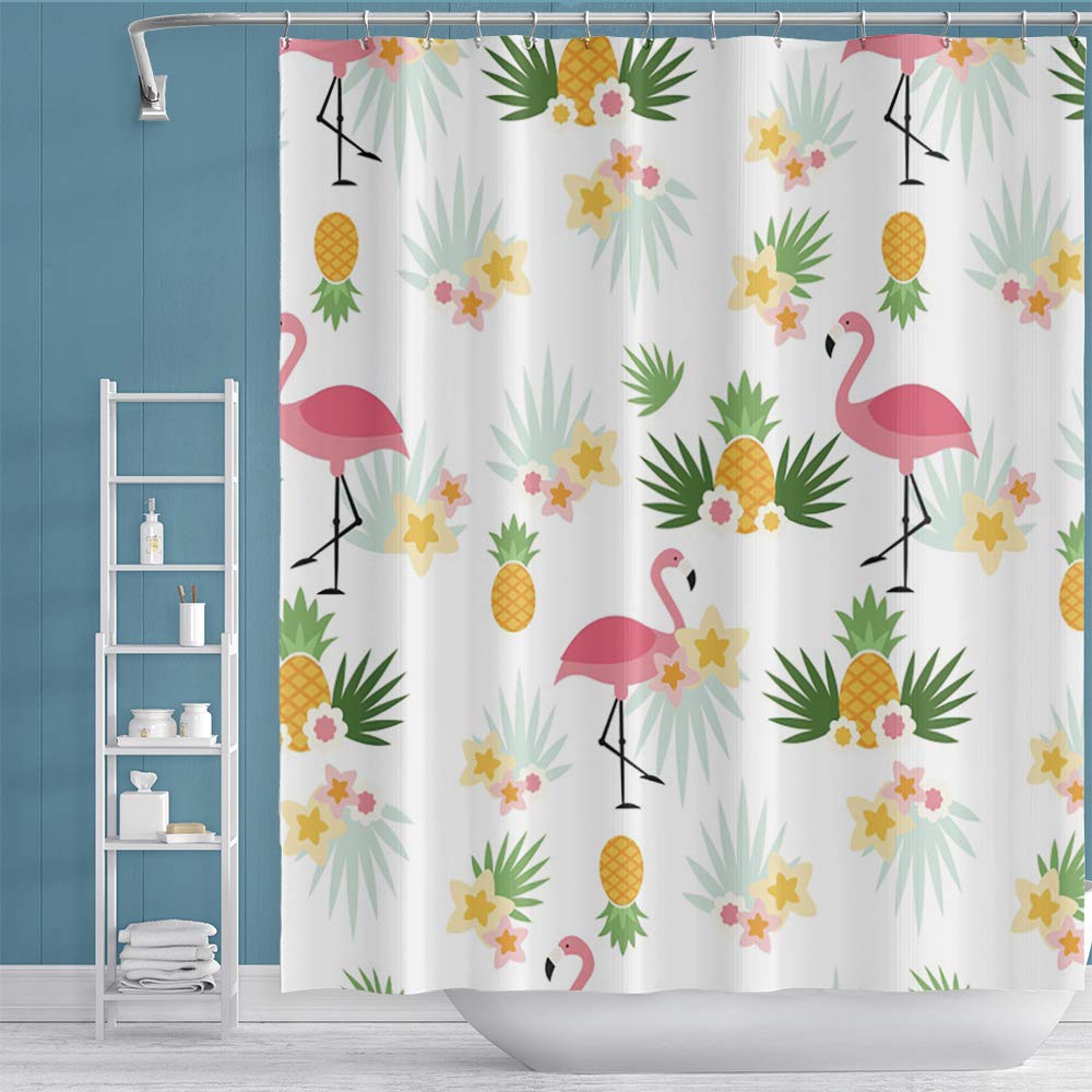 OERJU Flamingo Pineapple Floral Shower Curtain - Waterproof Polyester Fabric Bathroom Decor with Hooks, 69x70 Inches, Machine Washable - Tropical Beach Theme for Bathroom, Kids Room & Vacation Home Decor