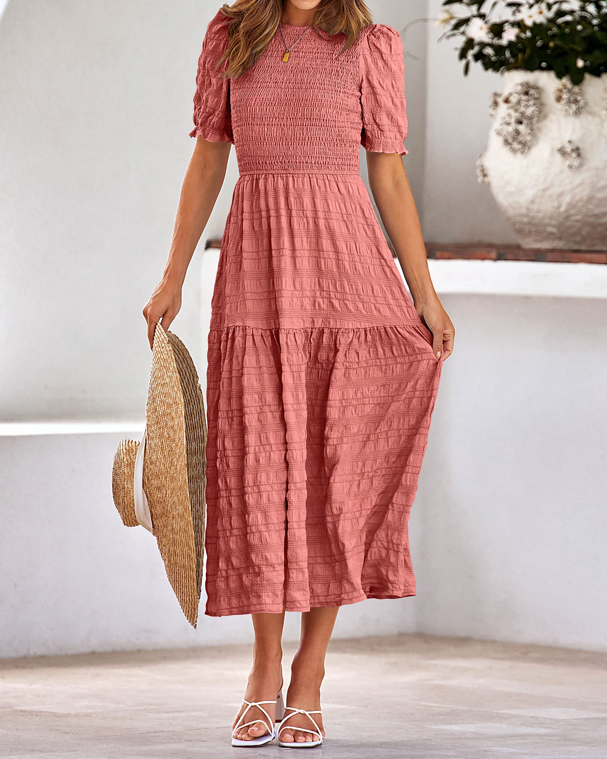 Dowerme Women's Summer Dresses 2025 - Casual Puff Short Sleeve Crewneck Smocked Flowy Ruffle Boho Maxi Sundress for Beach, Party & Vacation Wear