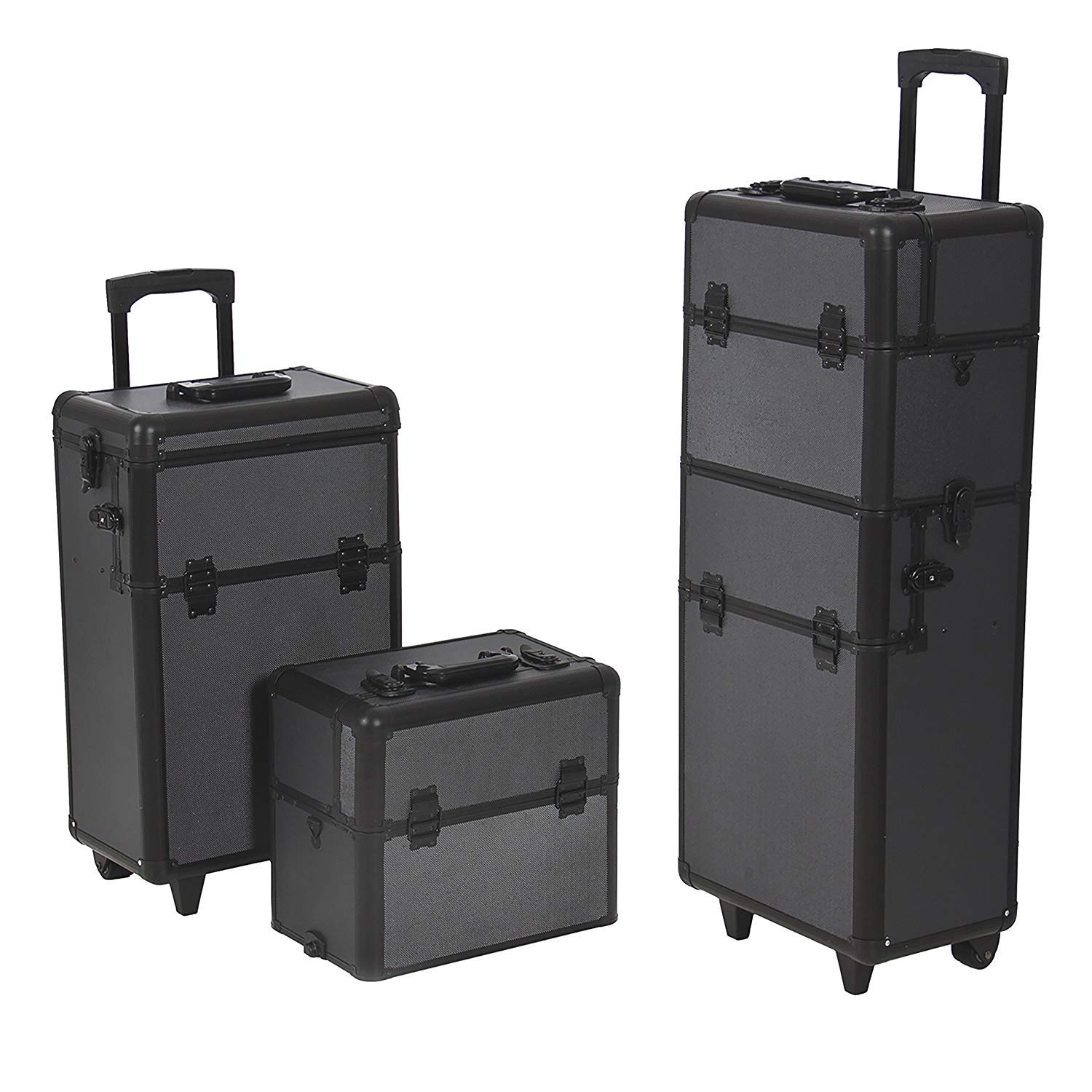 Professional 2-in-1 Rolling Makeup Train Case with Black Aluminum Body - Portable Cosmetic Organizer for MUA Artists & Beauty Professionals - Perfect for Salon, Travel, and On-Site Makeup Services