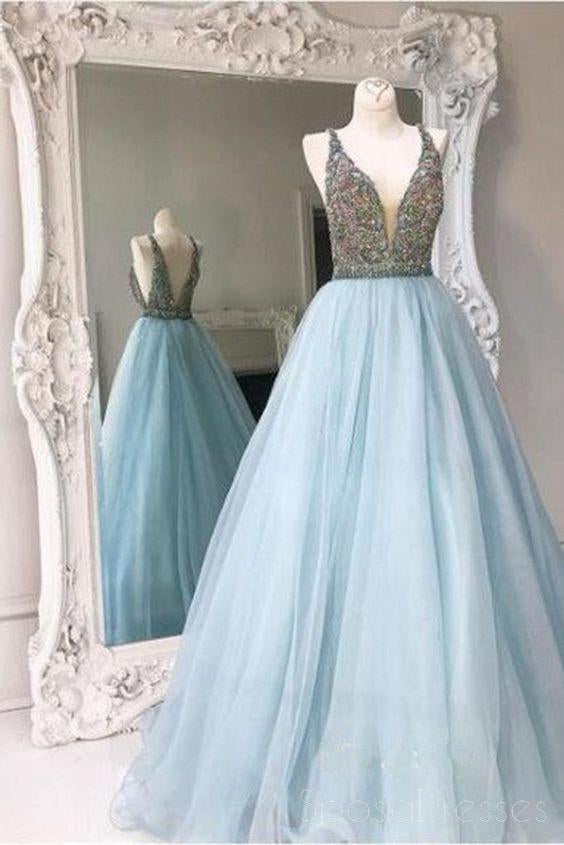 Elegant Light Blue Backless A-Line Evening Prom Dress with Sexy Deep V-Neckline - Perfect for Prom, Homecoming, and Formal Parties - Style #17048