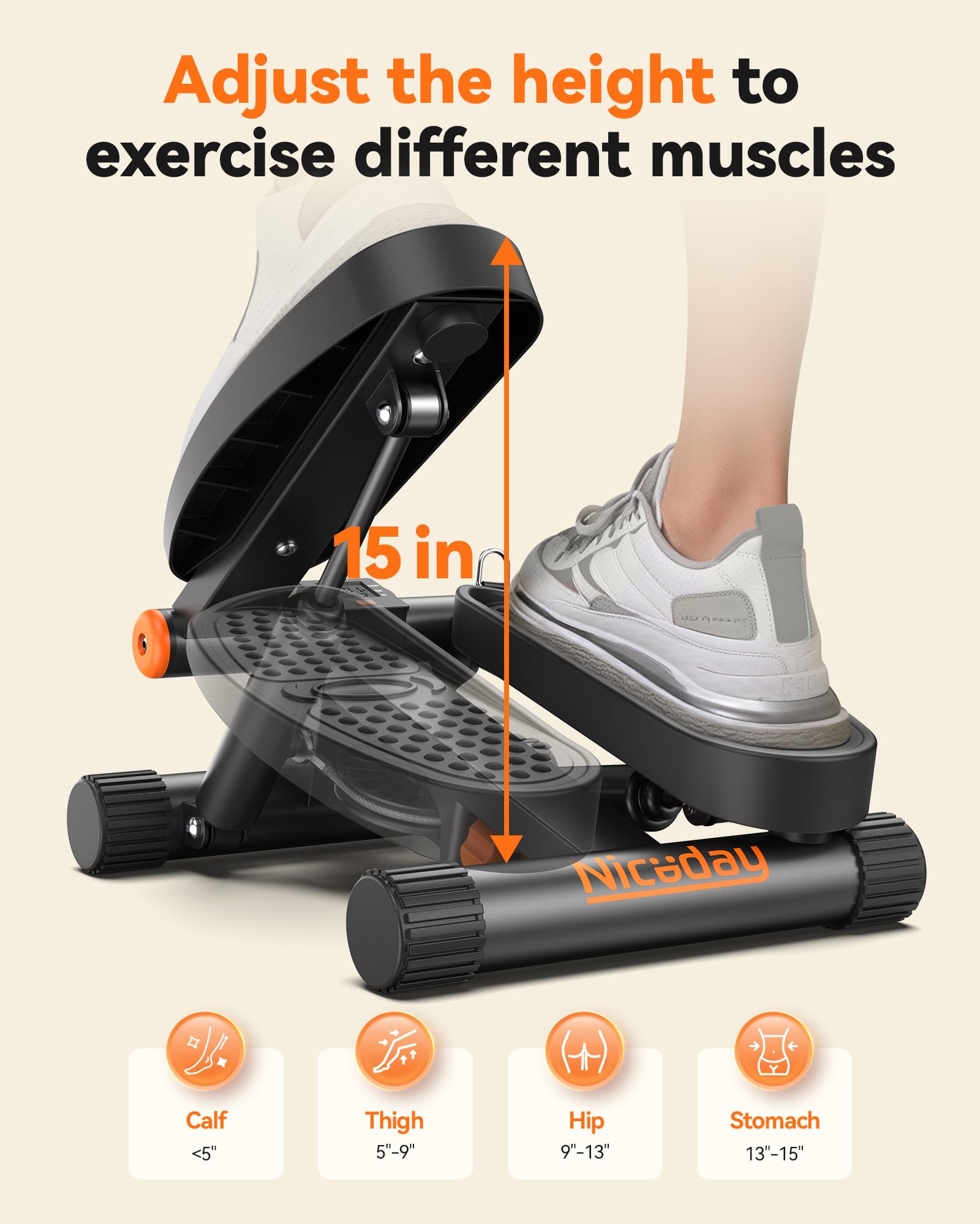 Niceday Mini Stair Stepper with Resistance Bands - 300LBS Capacity Hydraulic Fitness Stepper with LCD Monitor for Home Workout | Cardio Exercise Equipment for Weight Loss & Toning | Perfect for Small Spaces & Apartment Workouts