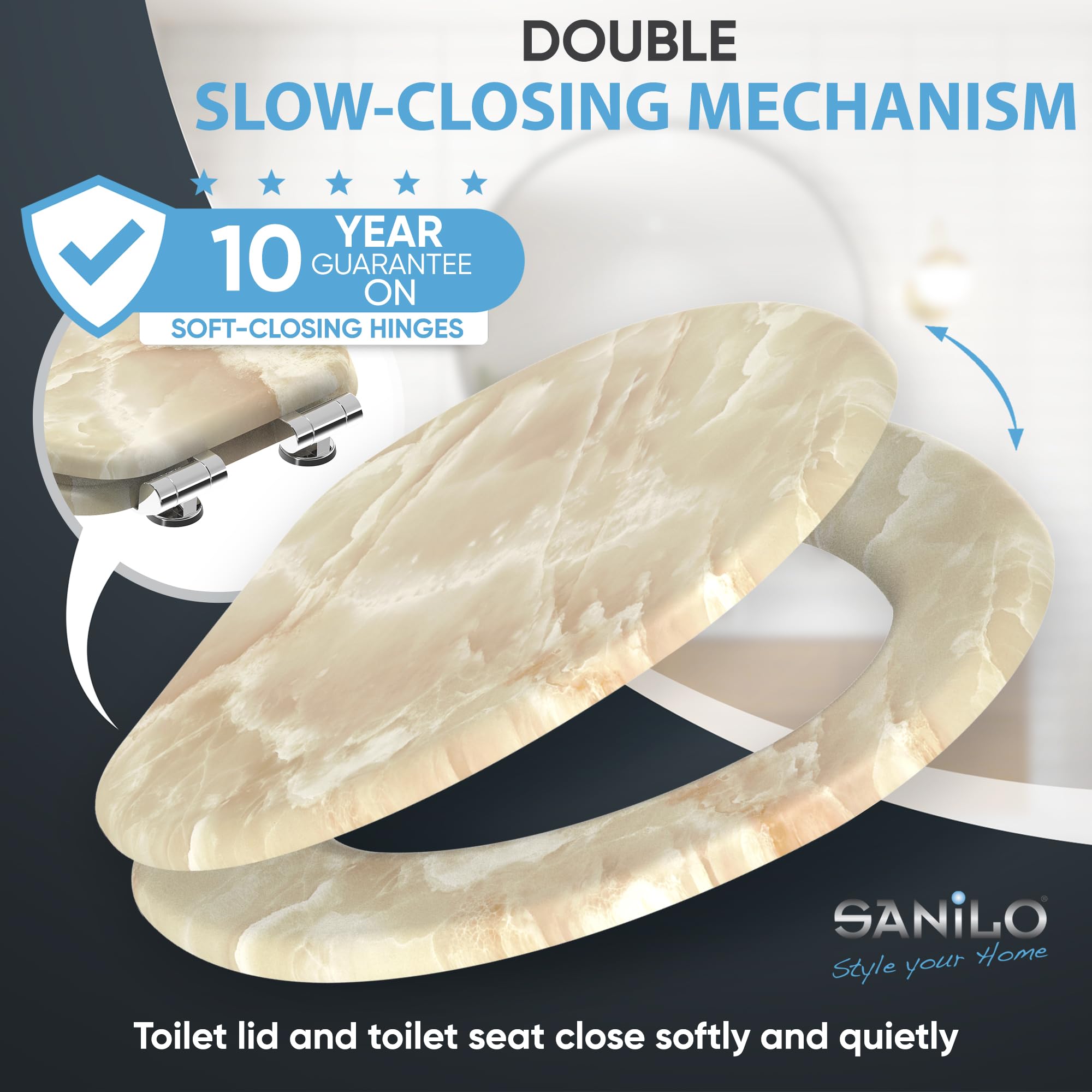 Sanilo Soft Close Elongated Toilet Seat - Quiet Slow Close Lid & Seat with Strong Bumpers & Hinges - Durable Marble Design for Bathroom Upgrade - Perfect for Home, Hotel & Commercial Use