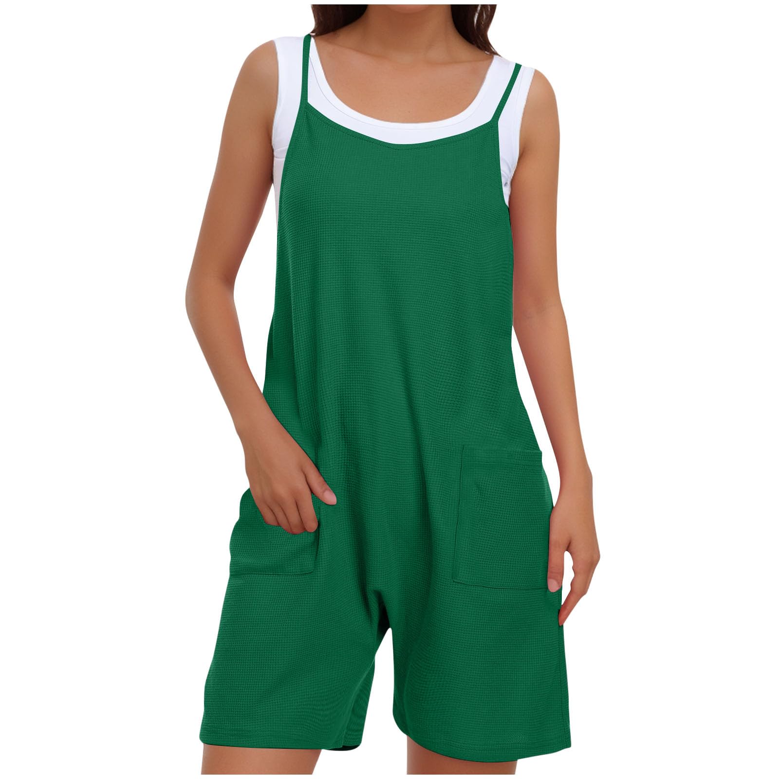 Women's Casual Waffle Jumpsuit - Adjustable Straps & Pockets for Outings