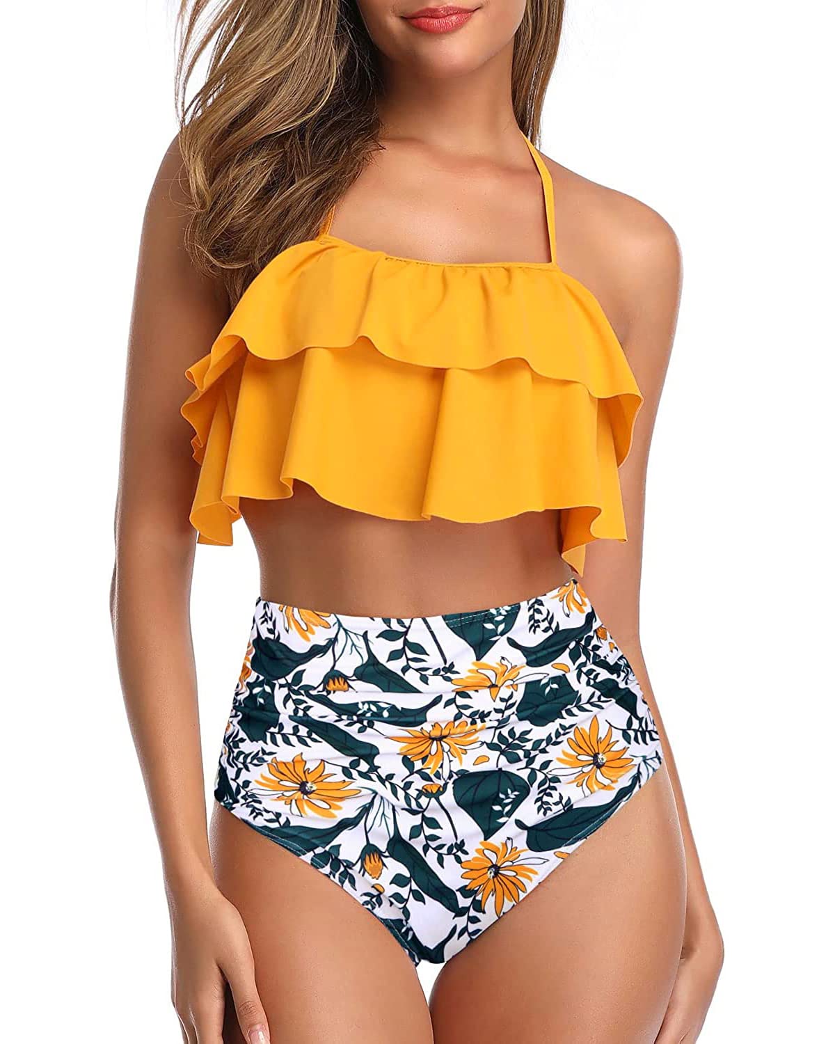 Tempt Me Women's High Waisted Bikini Set - Ruffle Tummy Control Two Piece Swimwear with Halter Top | Perfect for Beach Vacations, Pool Parties & Summer Getaways