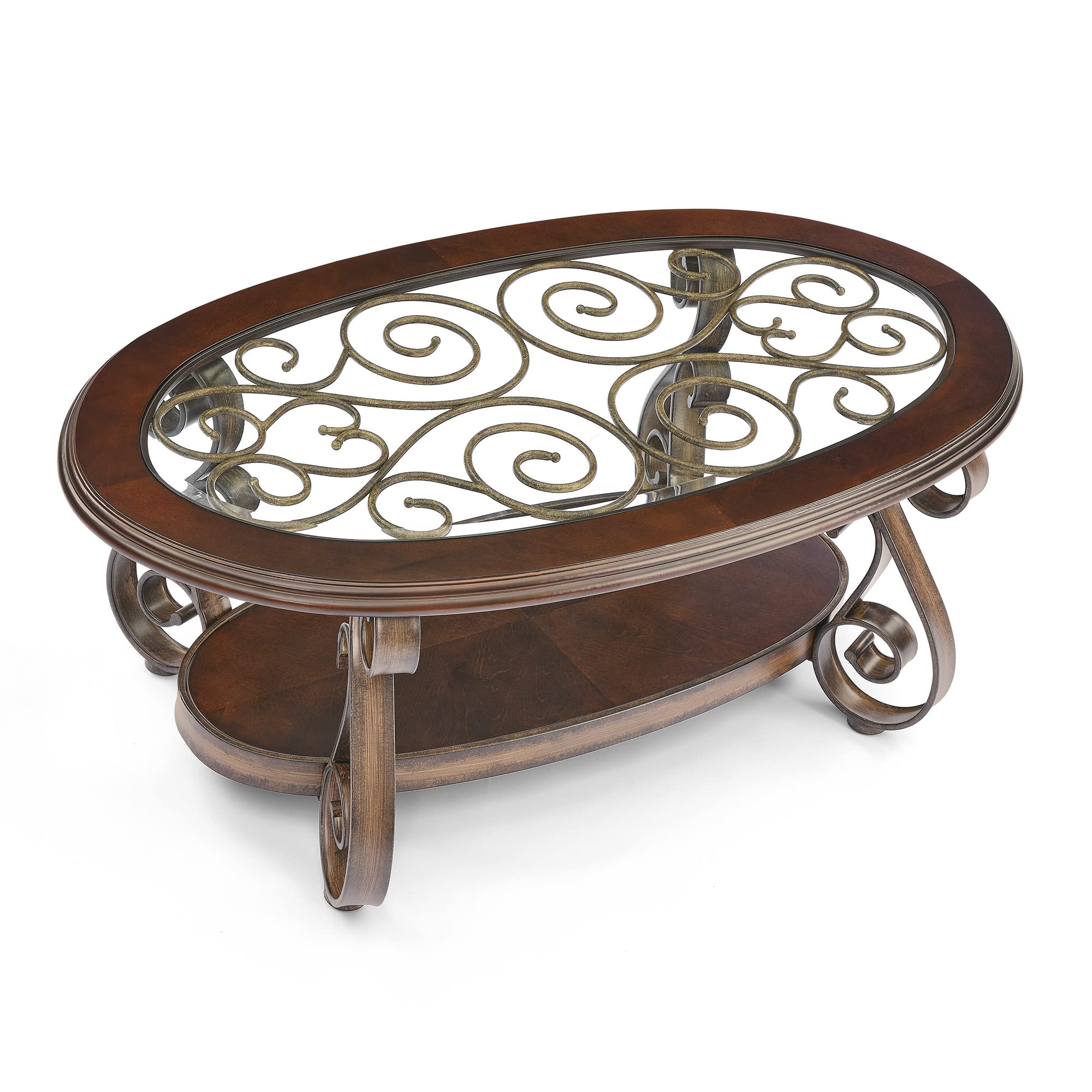 Dark Brown MDF Coffee Table with Glass Top & Metal Legs - Modern Cocktail Table with Open Shelf for Living Room, Lounge & Office