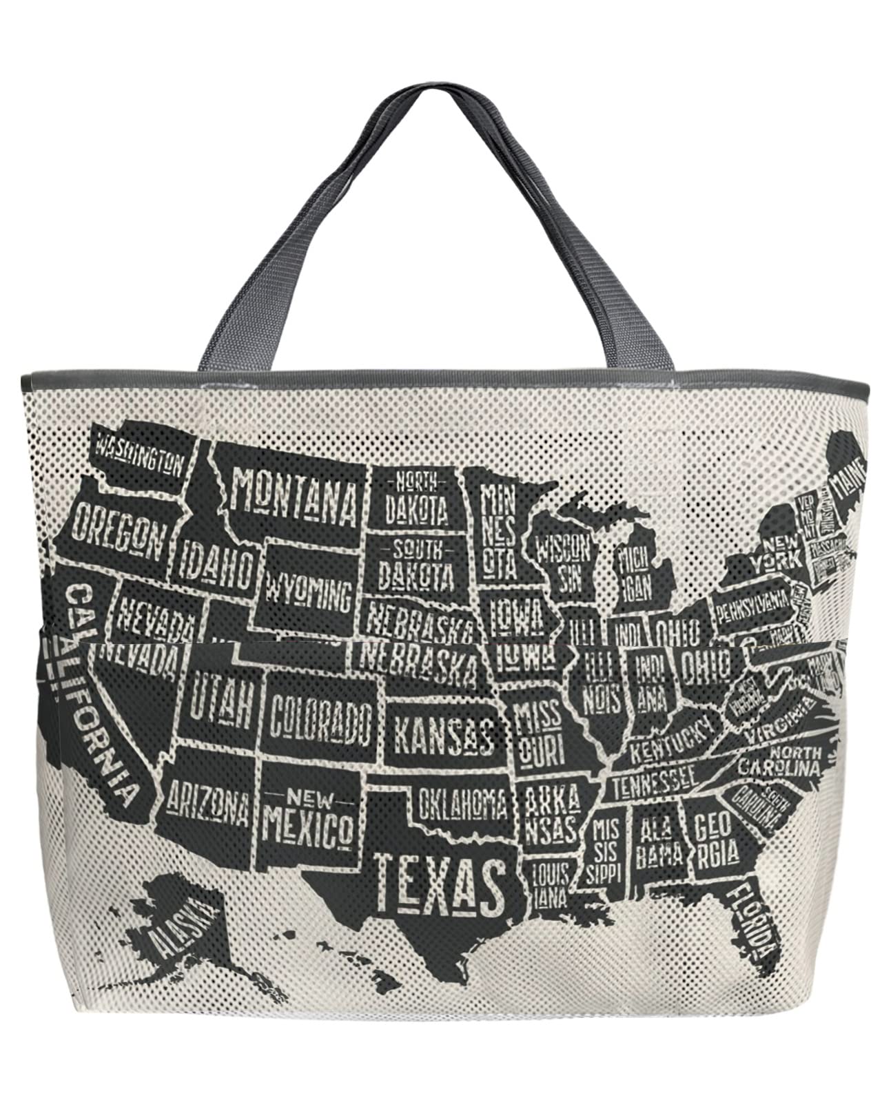 Large 60L Mesh Beach Tote Bag with Pockets - USA Map Design Foldable Lightweight Swim Bag (24