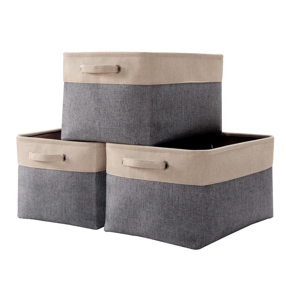 DECOMOMO Extra Large Fabric Storage Bins with Handles - 15.8 x 12.5 x 10 Inch Closet Organizer Basket for Shelves, Nursery, Toys & Home Organization (Slate Grey & Beige) | Perfect for Bedroom, Living Room & Kids Room Storage Solutions