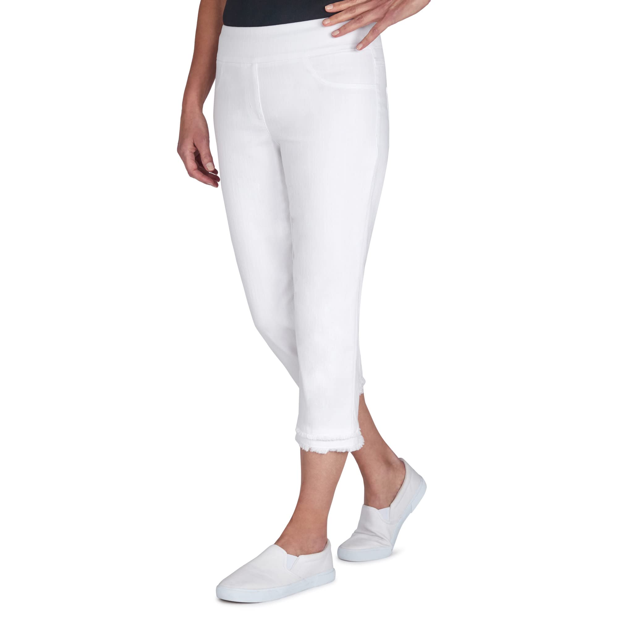 Ruby Rd. Women's Soft Stretch Flared Hem White Denim Capri Pants - Comfortable Summer Casual Wear for Beach, Shopping & Outdoor Activities