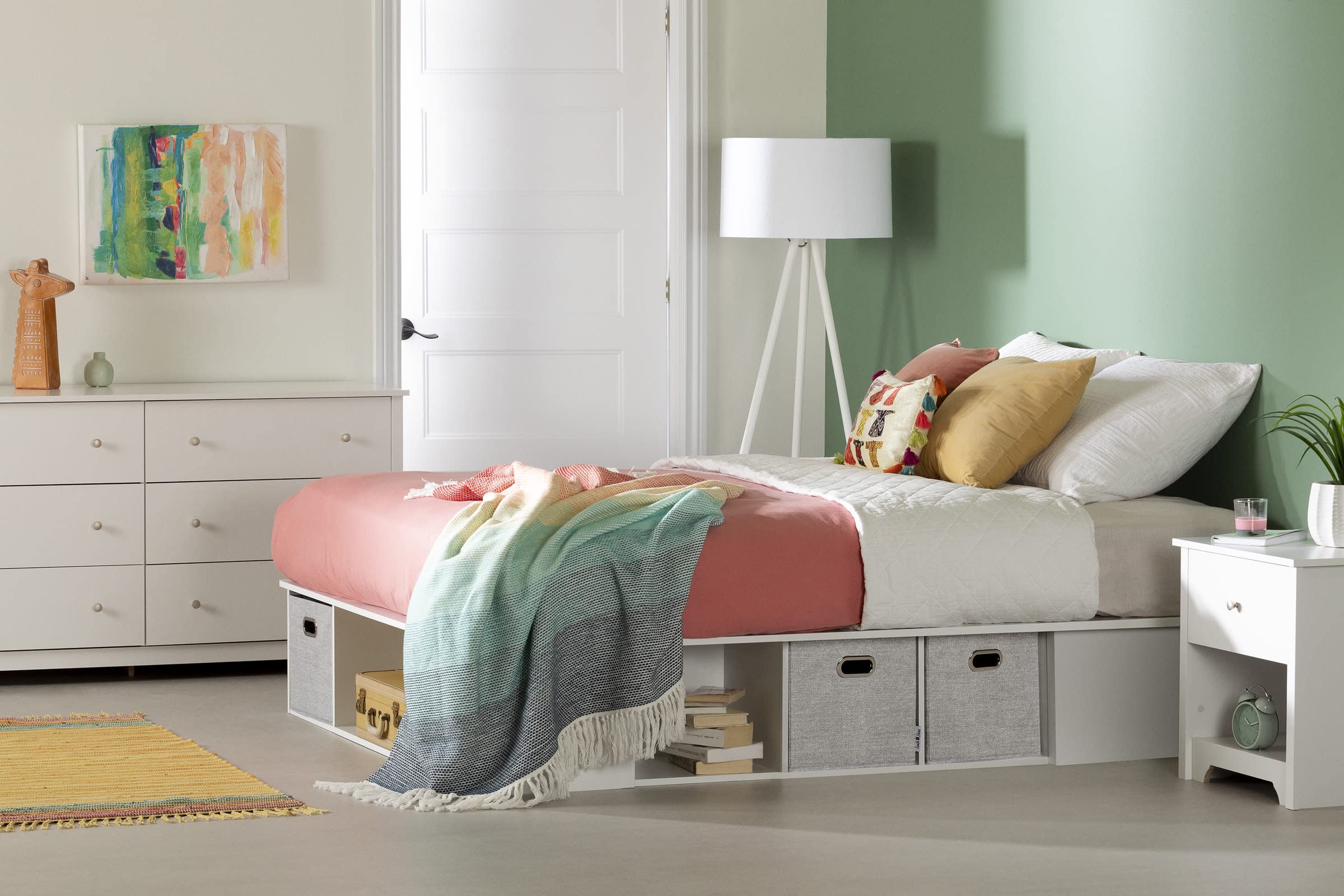 South Shore Flexible Platform Bed with Storage Baskets, Full Size, Pure White - Perfect for Small Bedrooms, Guest Rooms & Dormitories