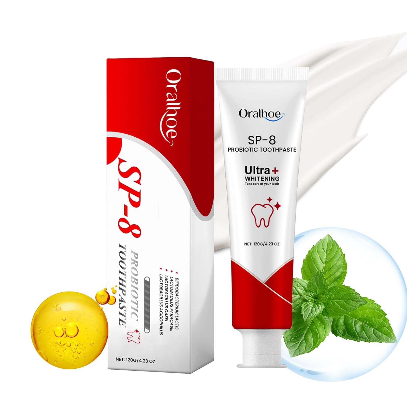 SP-8 Probiotic Whitening Toothpaste for Healthy Gums & Fresh Breath - Natural Non-Fluoride Mint Toothpaste (4.23oz) - Ideal for Daily Oral Care & Sensitive Teeth