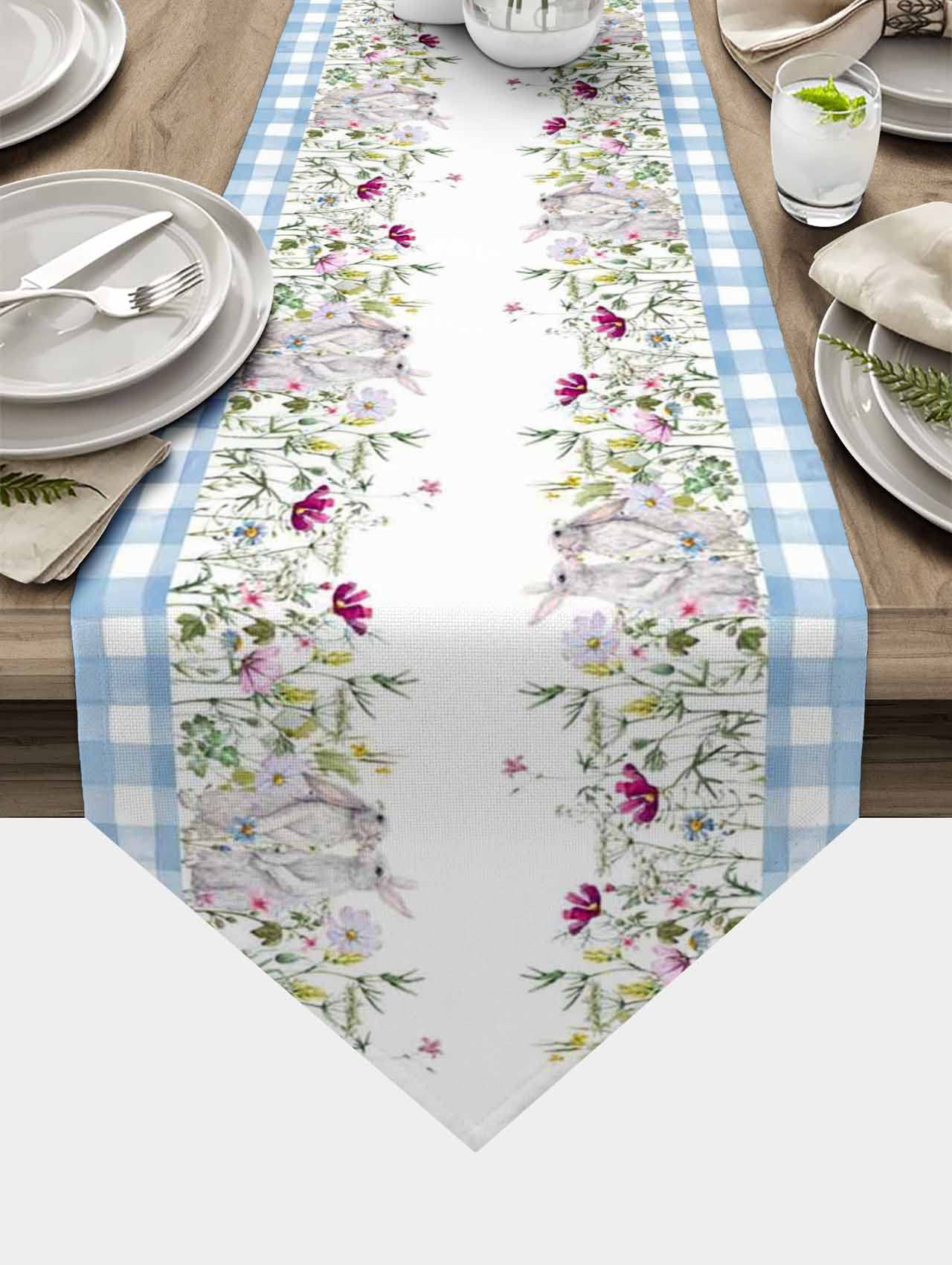 Easter Table Runner - 16x72 Inch Blue Buffalo Plaid with Spring Flowers & Bunny Design, Decorative Dresser Scarves for Easter Day, Spring Dinner Table, Home Kitchen, Dining Room Decor & Party Supplies | Perfect for Easter Celebrations, Holiday Gatherings & Seasonal Home Decor