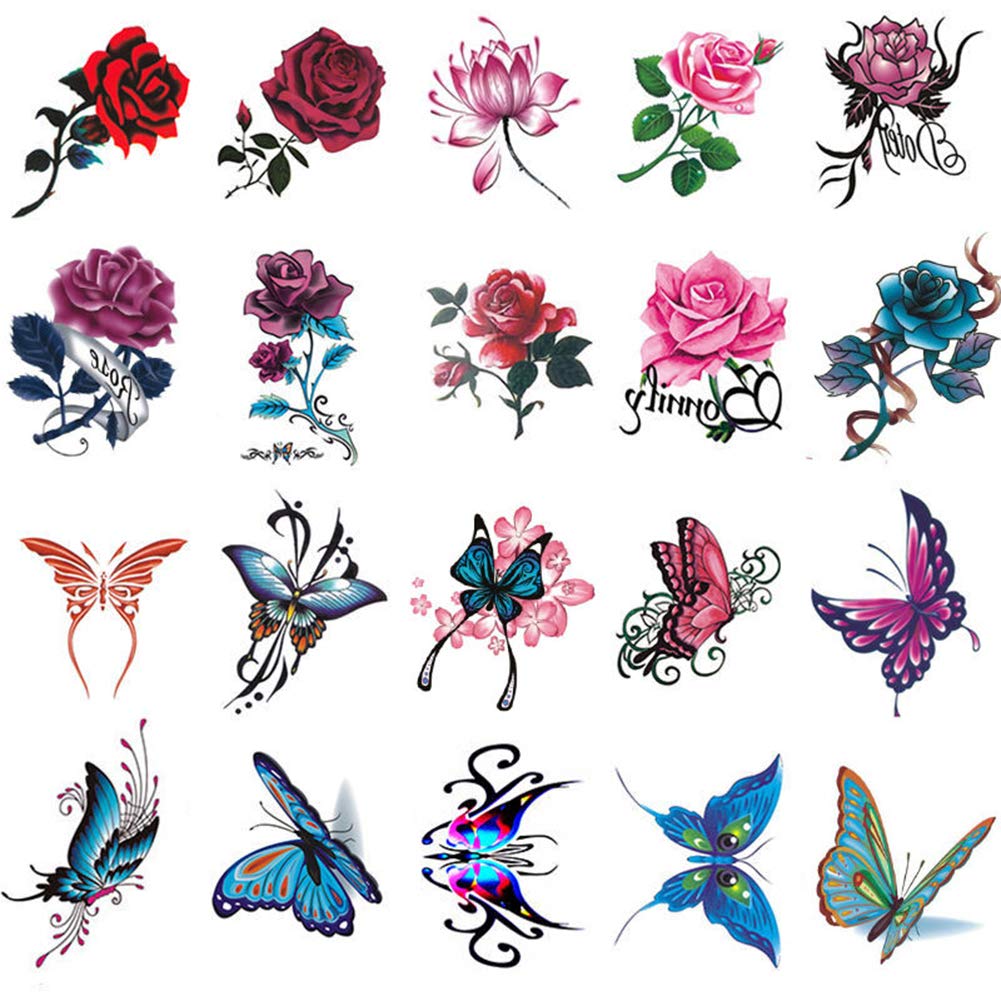 100 Pcs Butterfly Flower Temporary Tattoos - Waterproof Fake Tattoos for Women & Kids - Small Sexy Floral Tattoo Stickers for Girls - Perfect for Parties, Festivals, Beach & Summer Fun